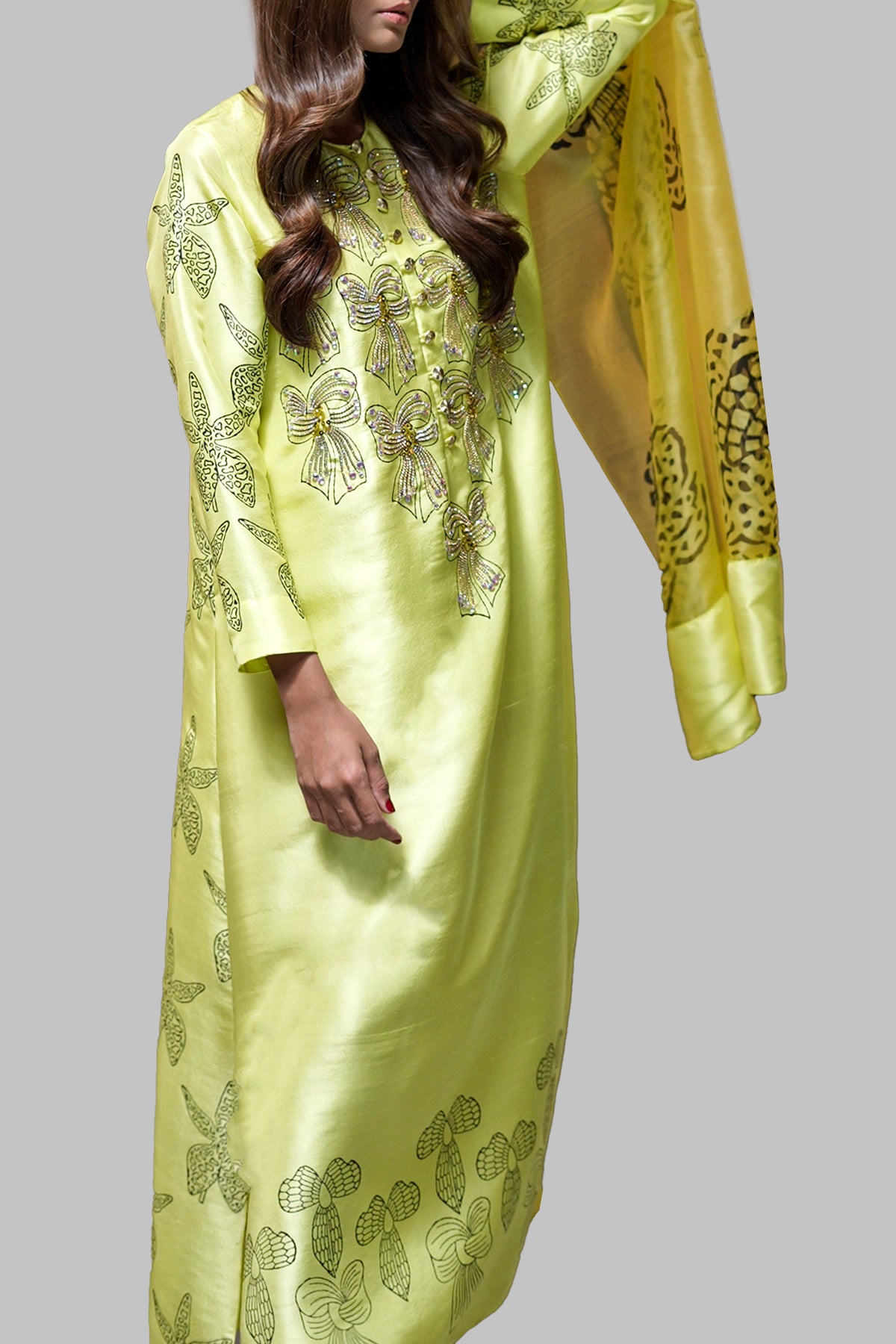 Aurora Yellow Block Printed Embellished Maxi Dress Set
