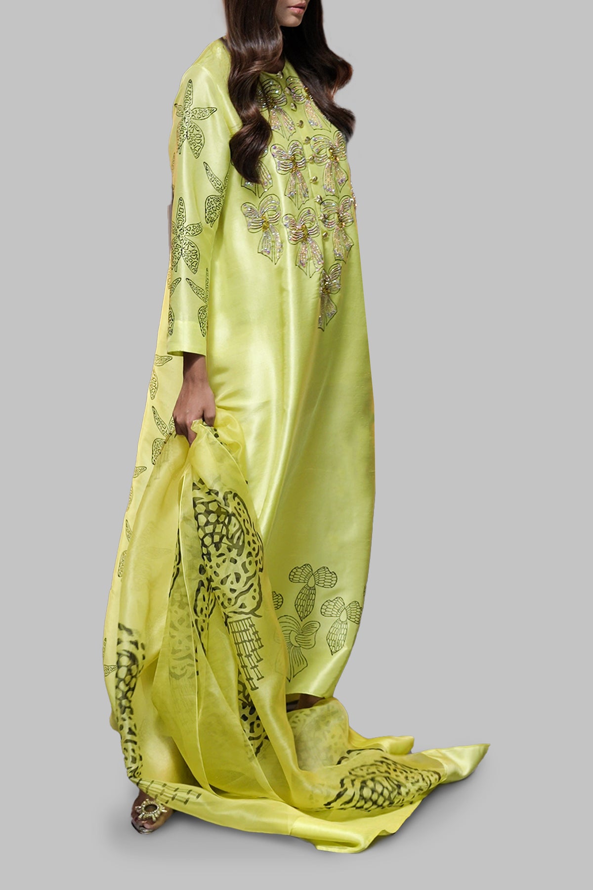 Aurora Yellow Block Printed Embellished Maxi Dress Set