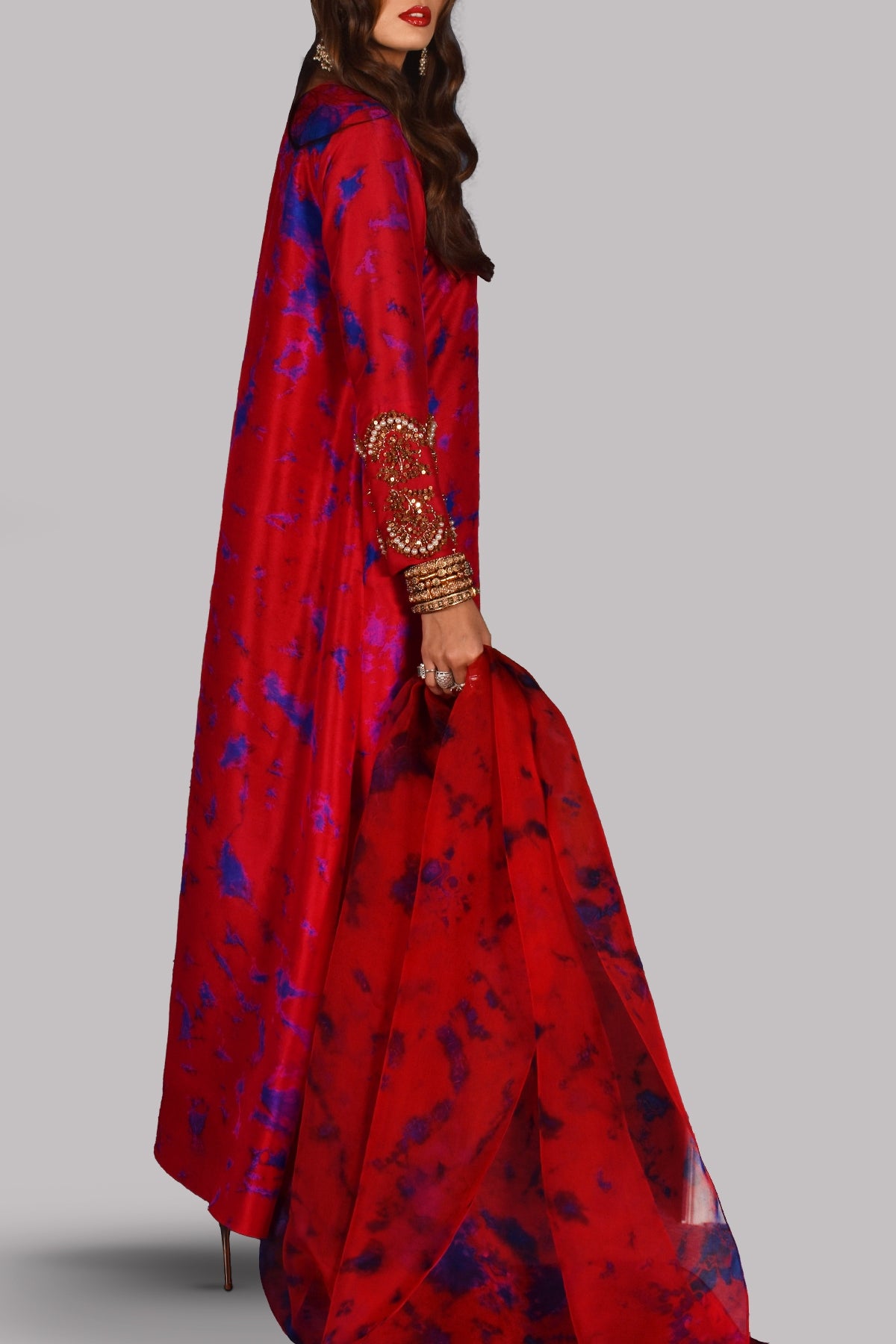 Lollipop Red Tie Dye Embellished Raw Silk Maxi Set