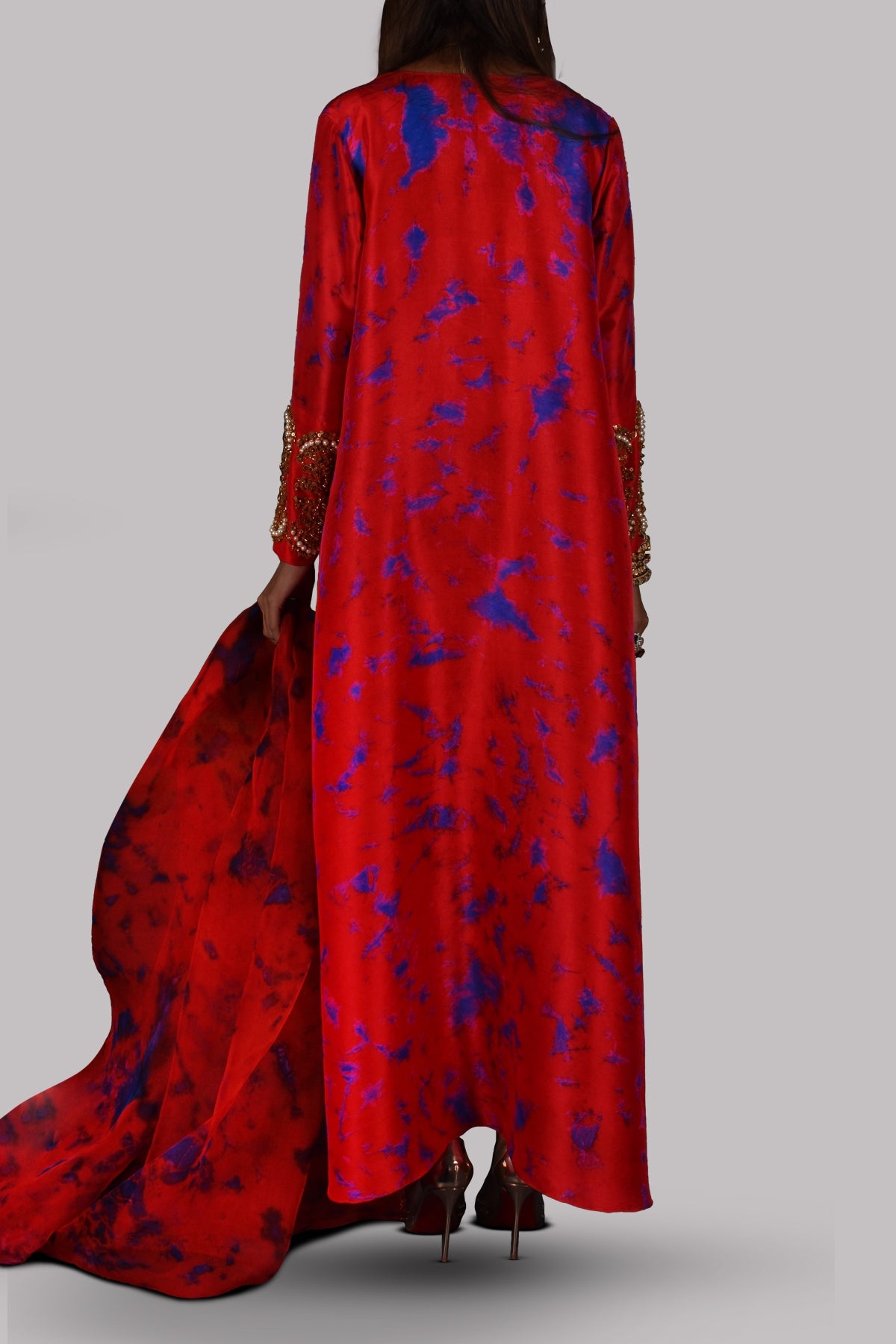 Lollipop Red Tie Dye Embellished Raw Silk Maxi Set