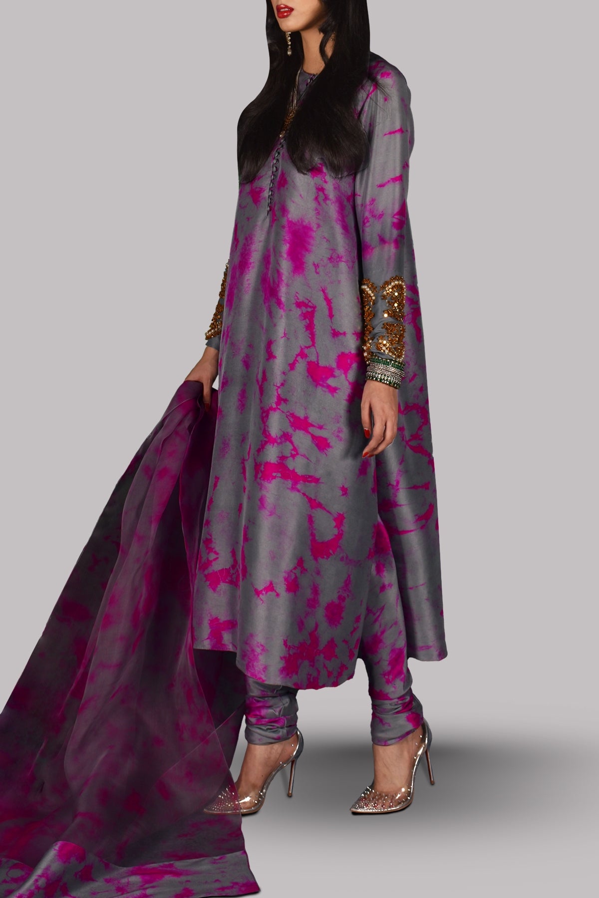 Hot Pink Tie Dye Embellished Raw Silk Set