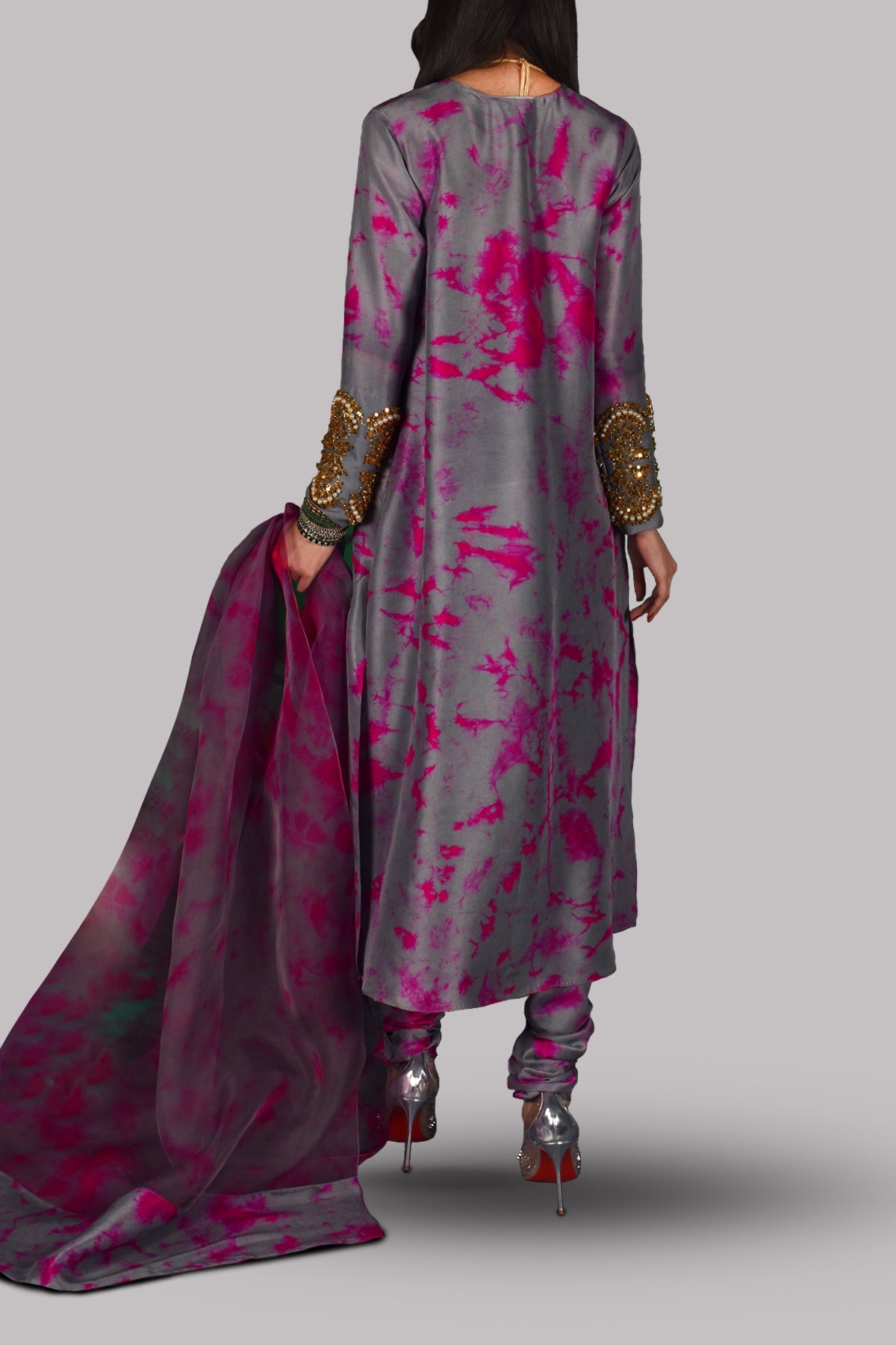 Hot Pink Tie Dye Embellished Raw Silk Set