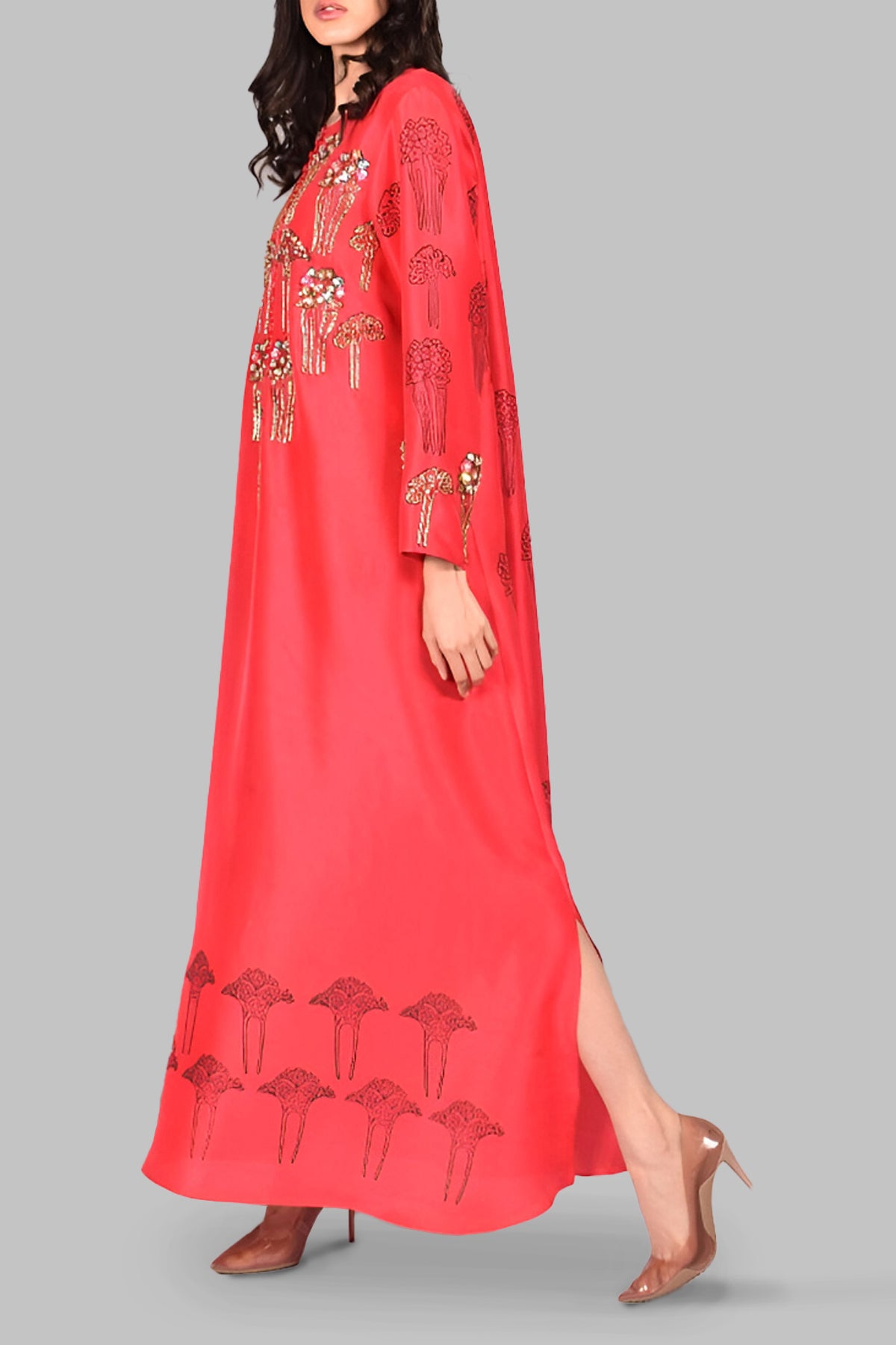 Lollipop Red Block Printed Embellished Raw Silk Maxi