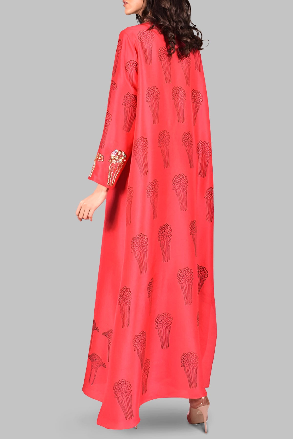 Lollipop Red Block Printed Embellished Raw Silk Maxi