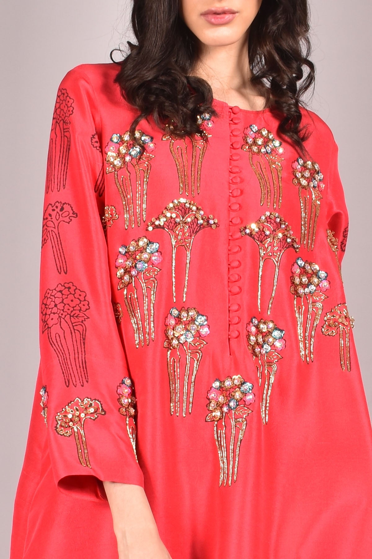Lollipop Red Block Printed Embellished Raw Silk Maxi