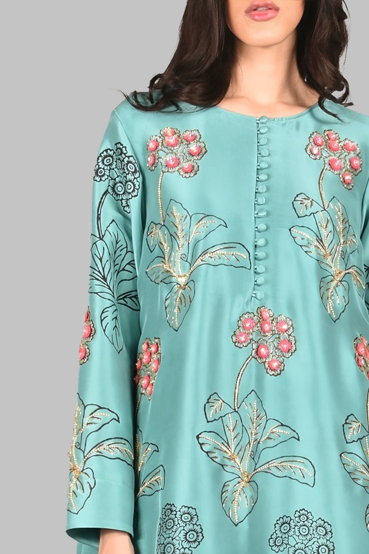 Waterfall Green Block Printed Embellished Maxi Dress Set