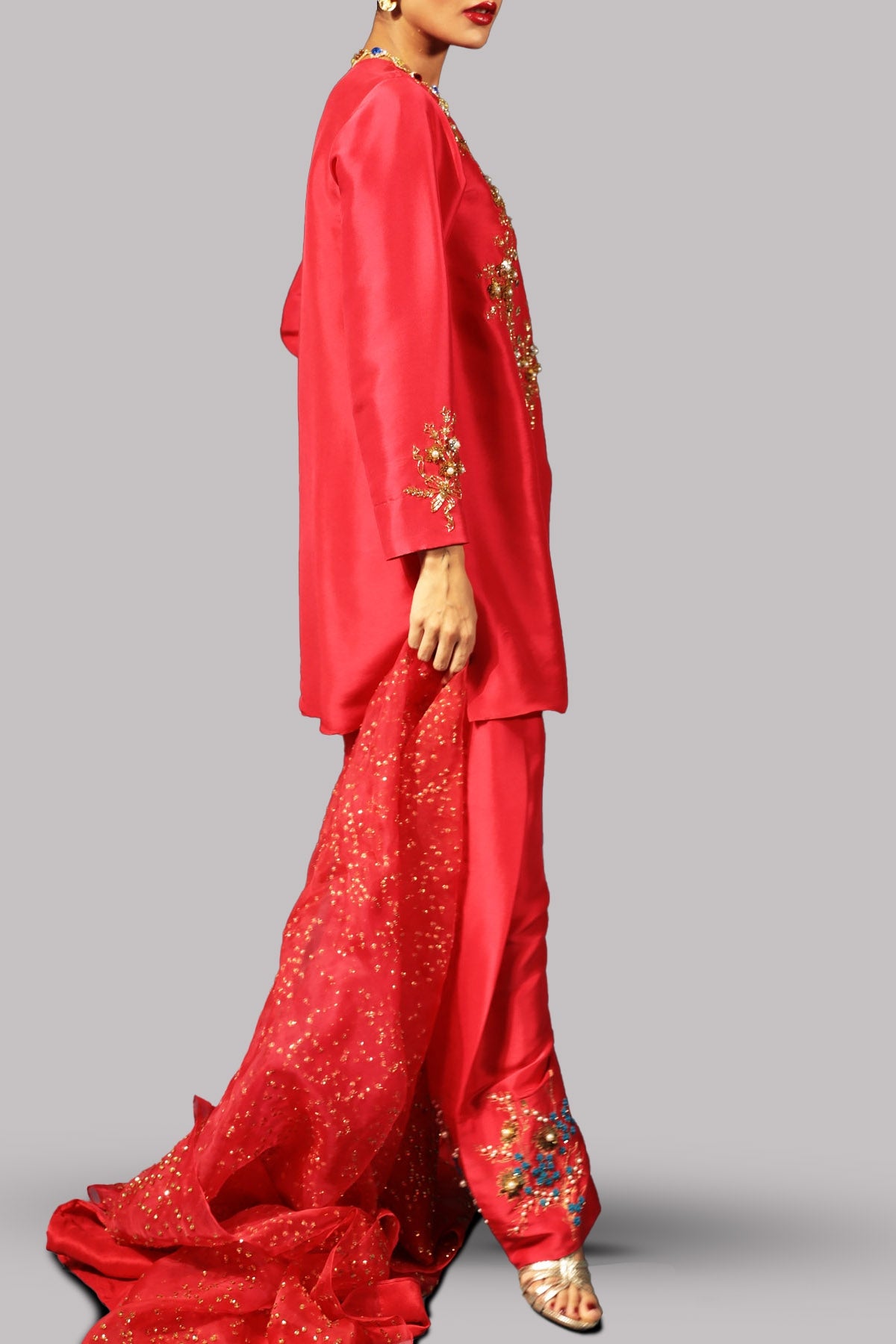 Tango Red Embellished Raw Silk Set