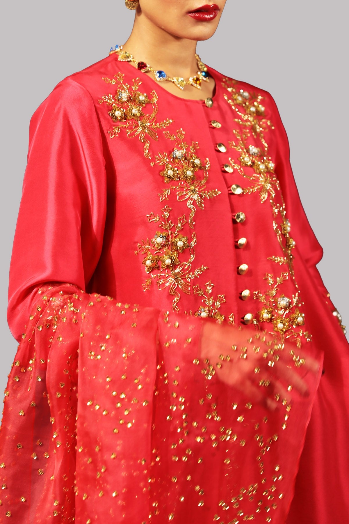 Tango Red Embellished Raw Silk Set