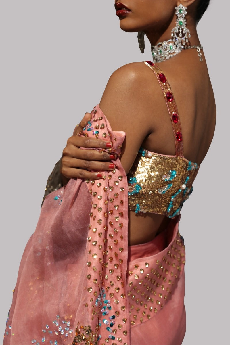 Dusty Pink Embellished Organza Sari