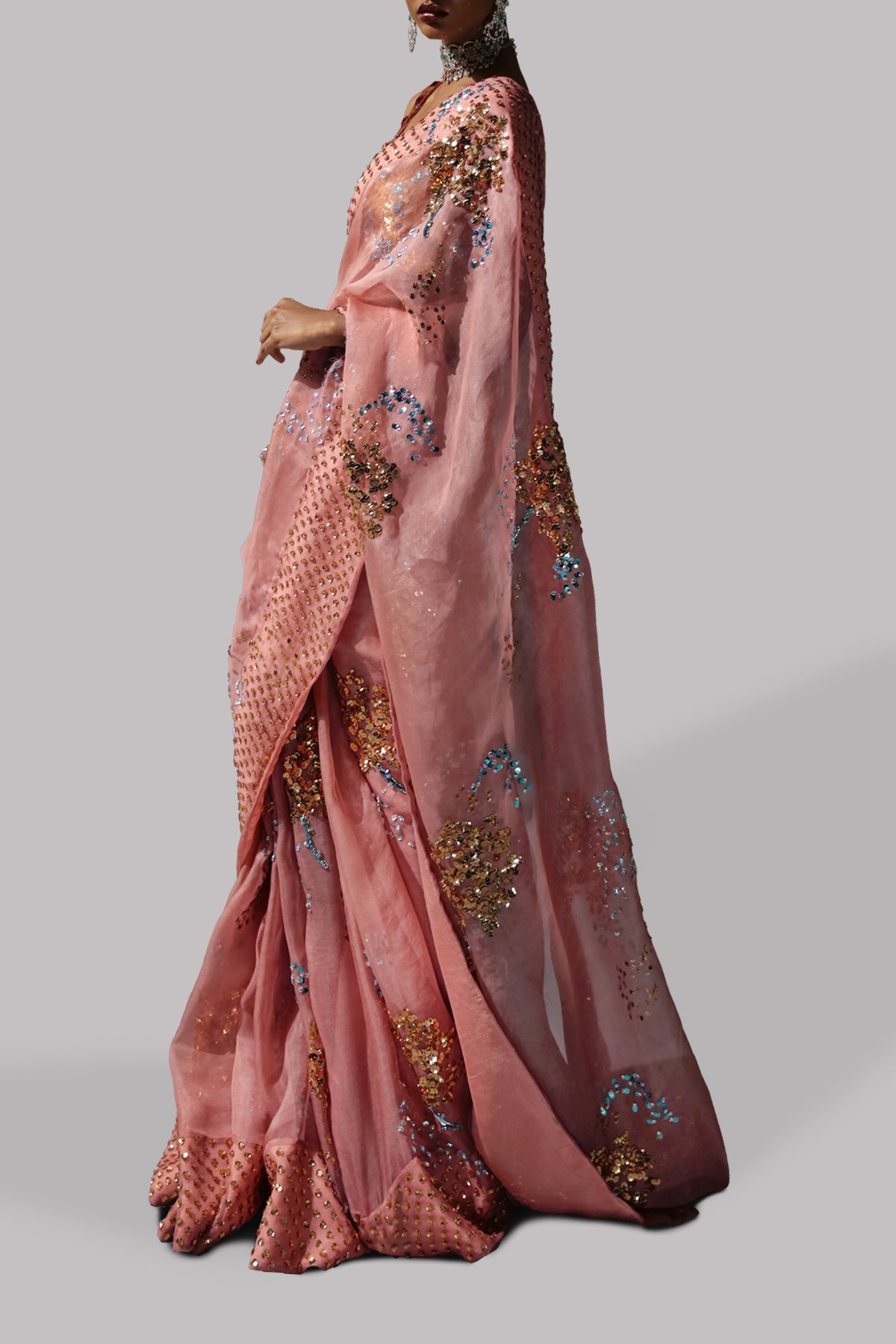 Dusty Pink Embellished Organza Sari