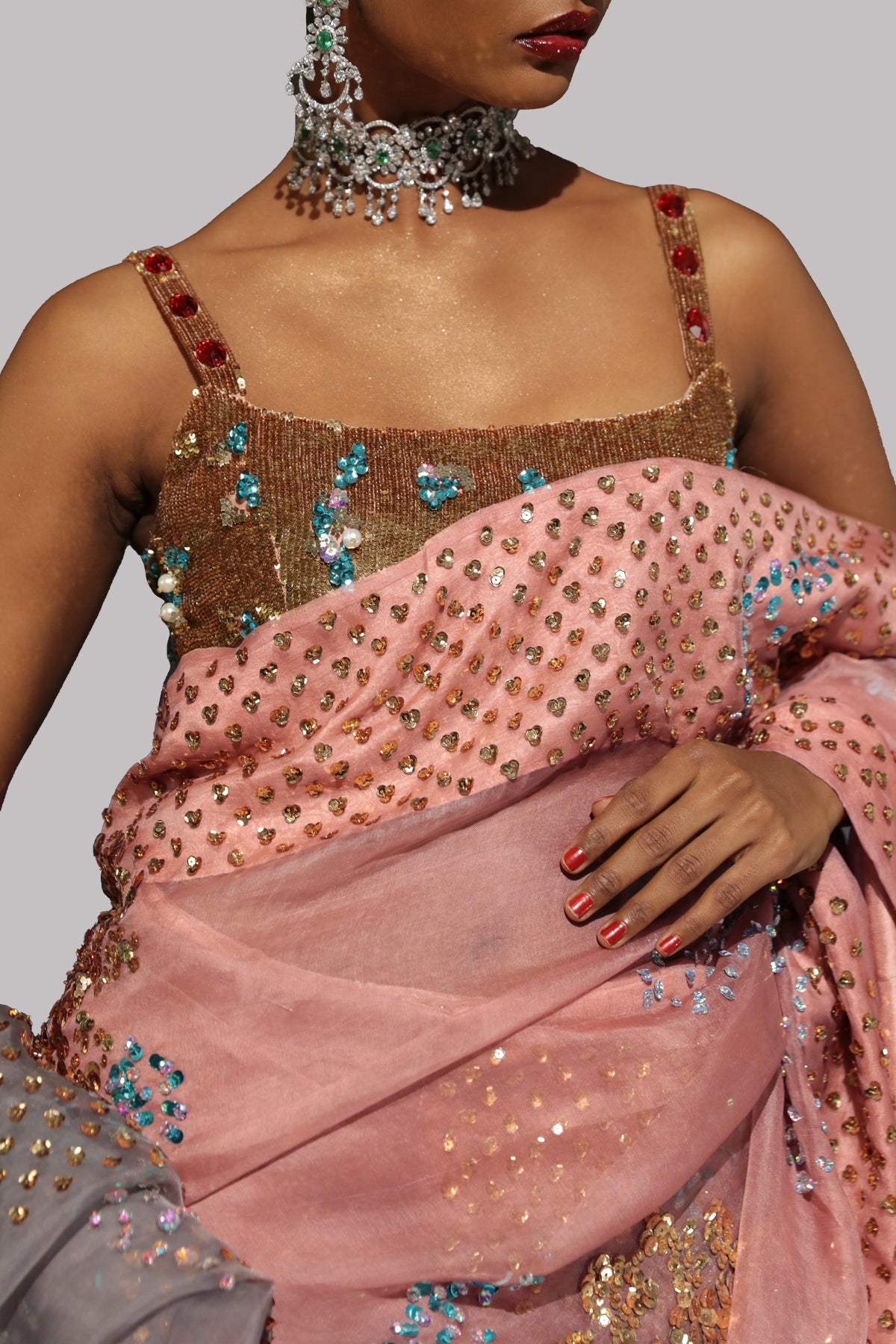 Dusty Pink Embellished Organza Sari