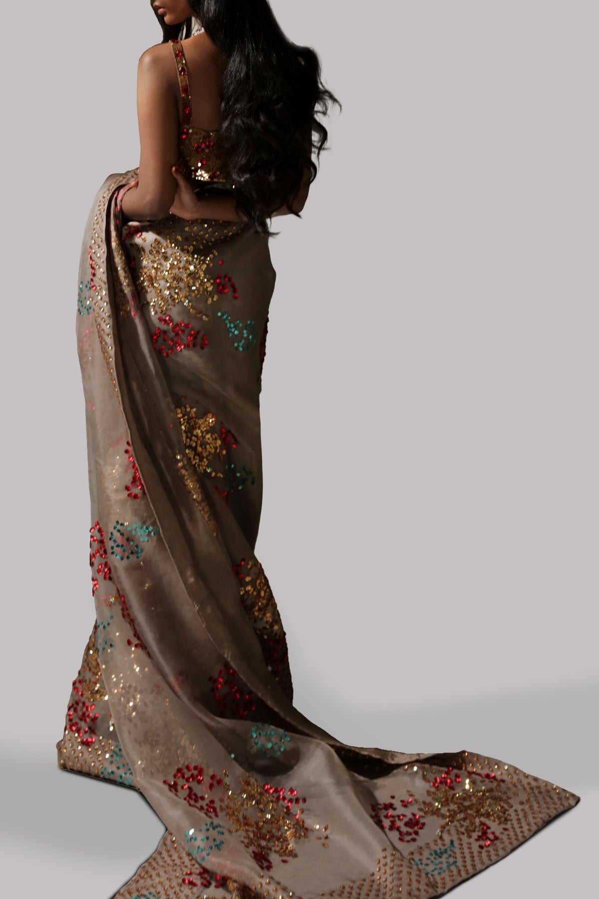 Taupe Gray Embellished Organza Sari