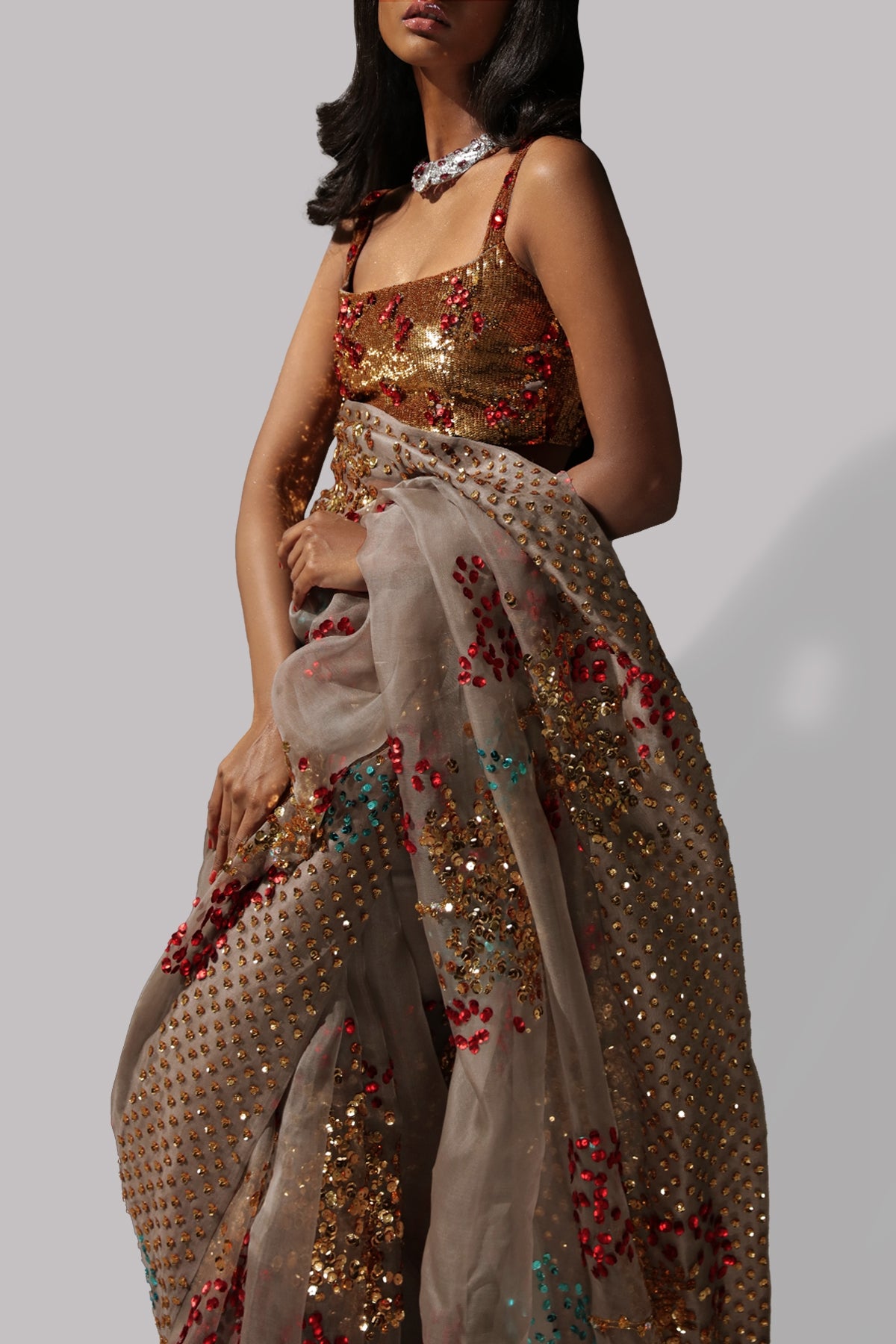 Taupe Gray Embellished Organza Sari
