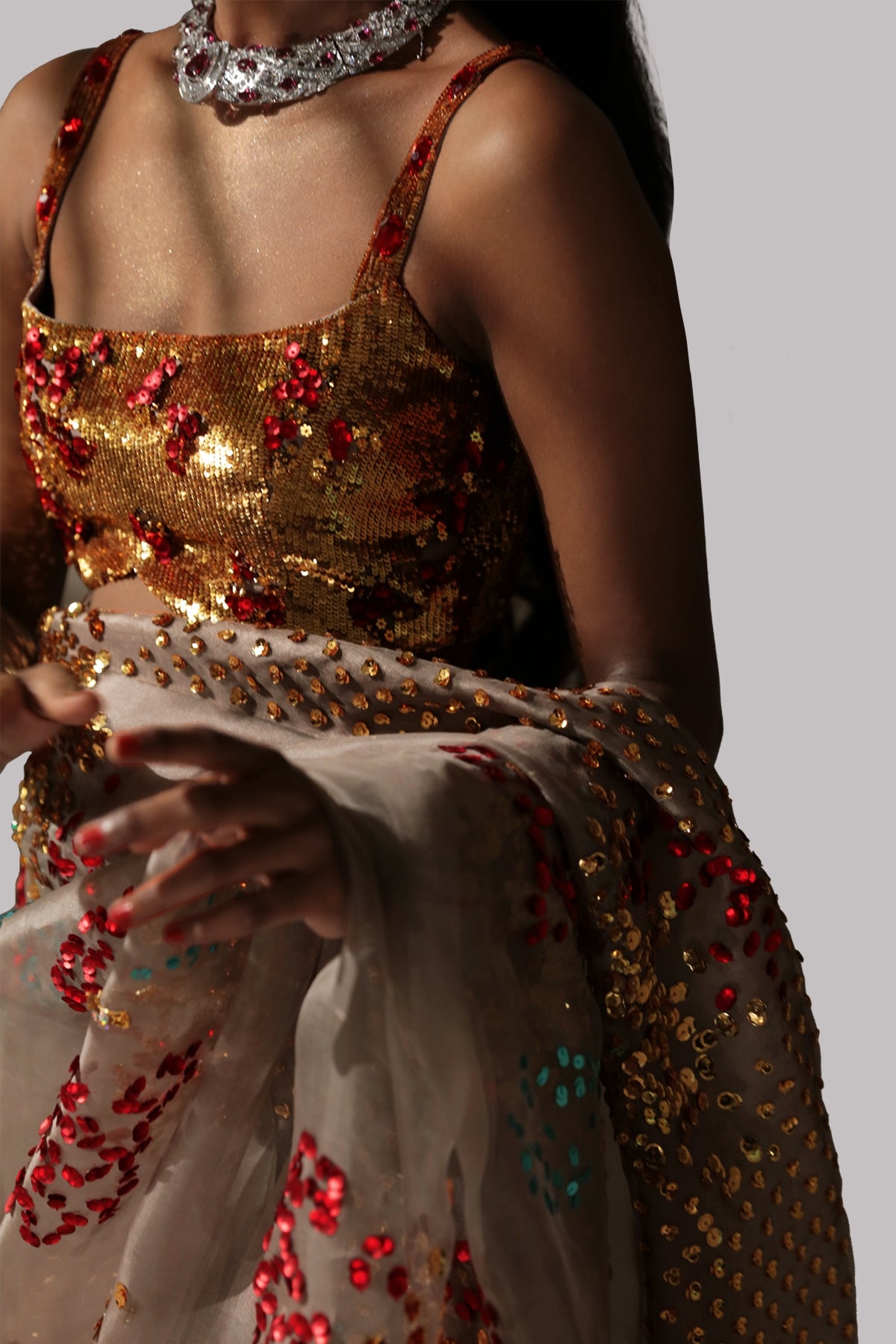 Taupe Gray Embellished Organza Sari