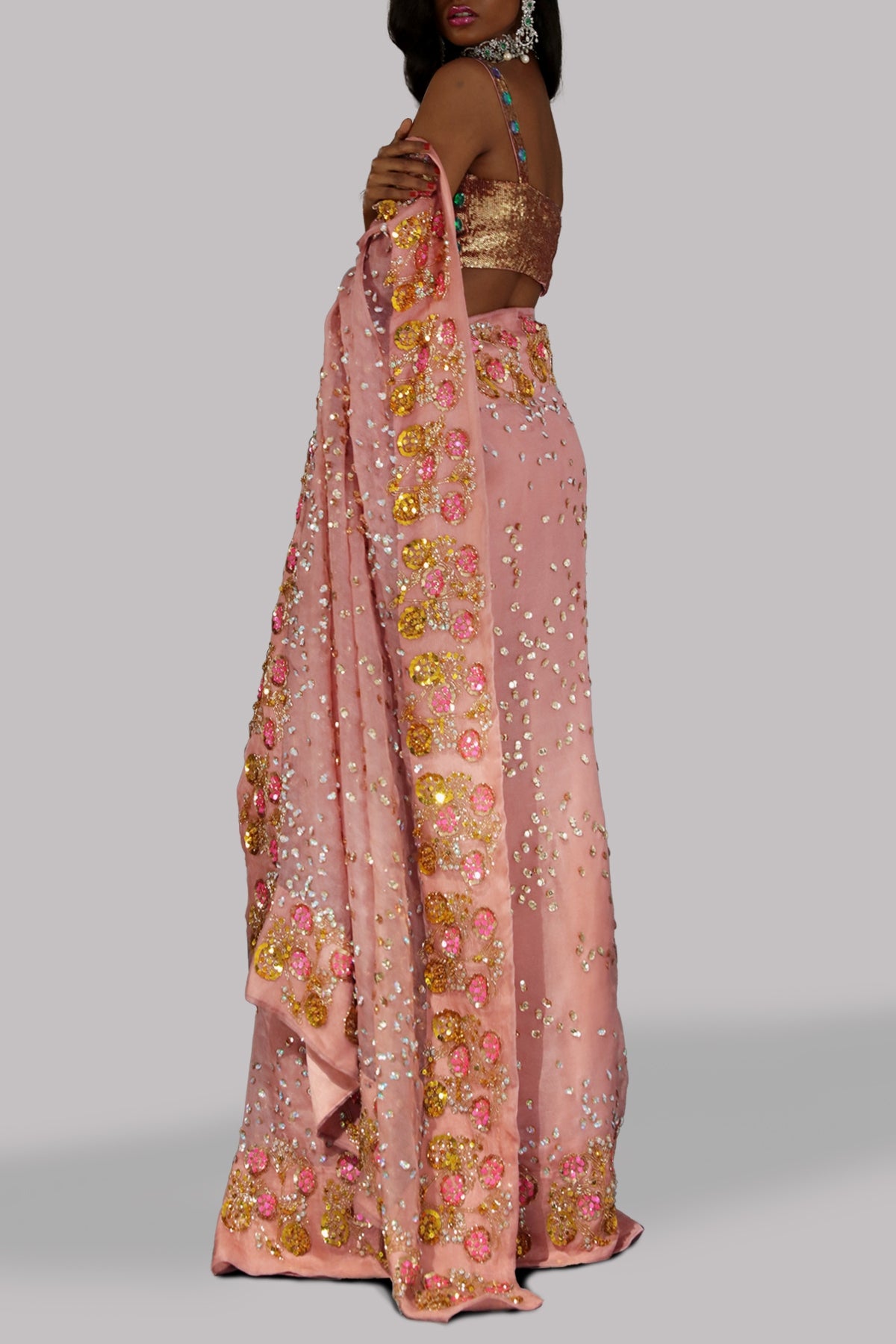 Dusty Pink Embellished Organza Sari