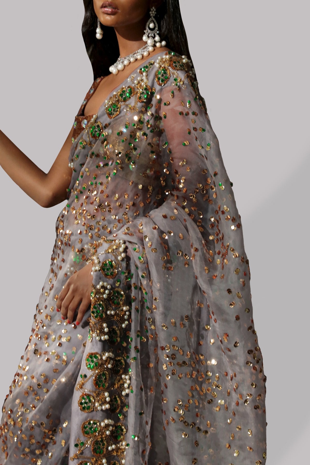 Steeple Grey Embellished Organza Sari