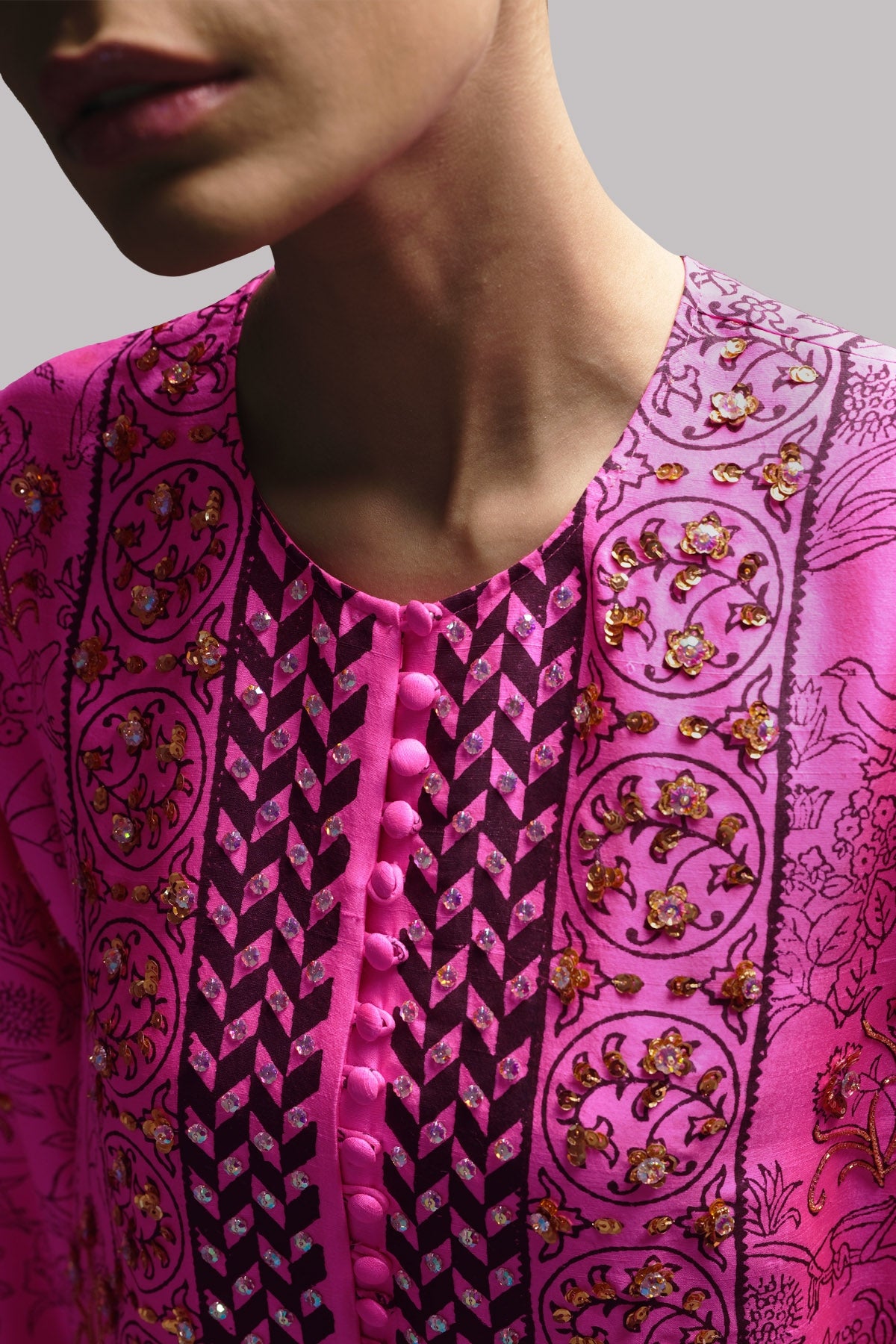 Diva Pink Block Printed Embellished Silk Maxi
