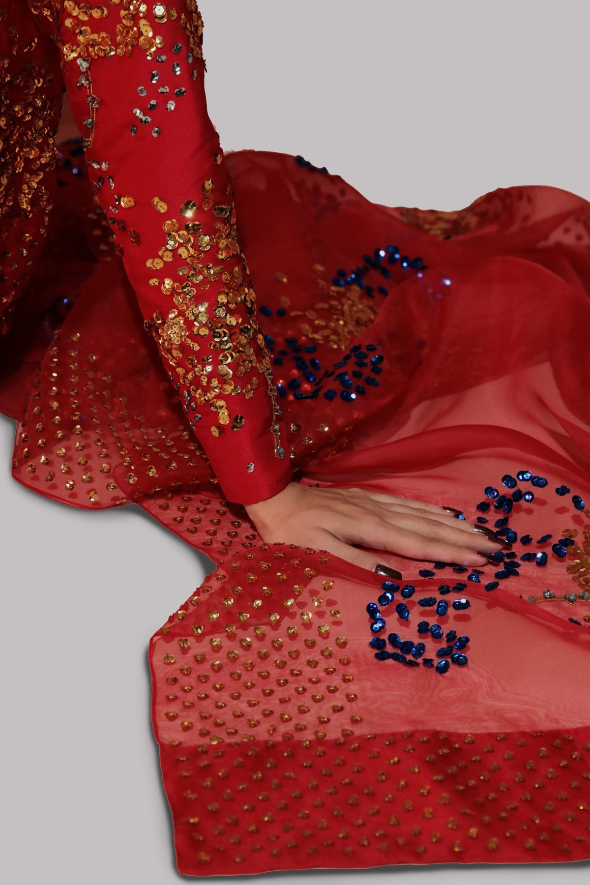 Tango Red Embellished Raw Silk Set