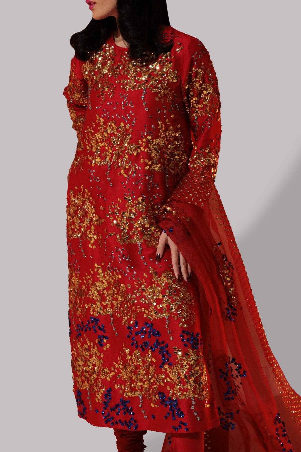 Tango Red Embellished Raw Silk Set