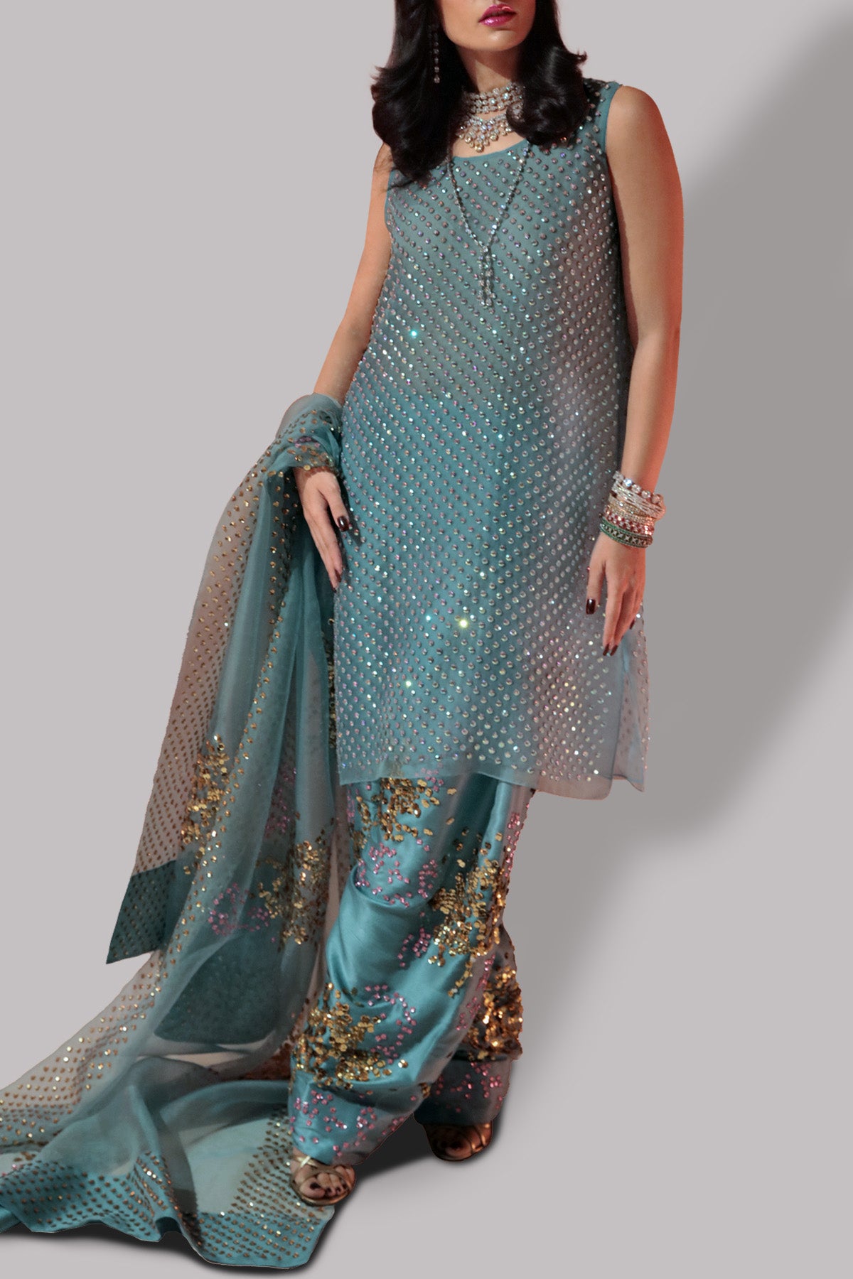 Aqua Embellished Organza Set
