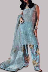 Aqua Embellished Organza Set