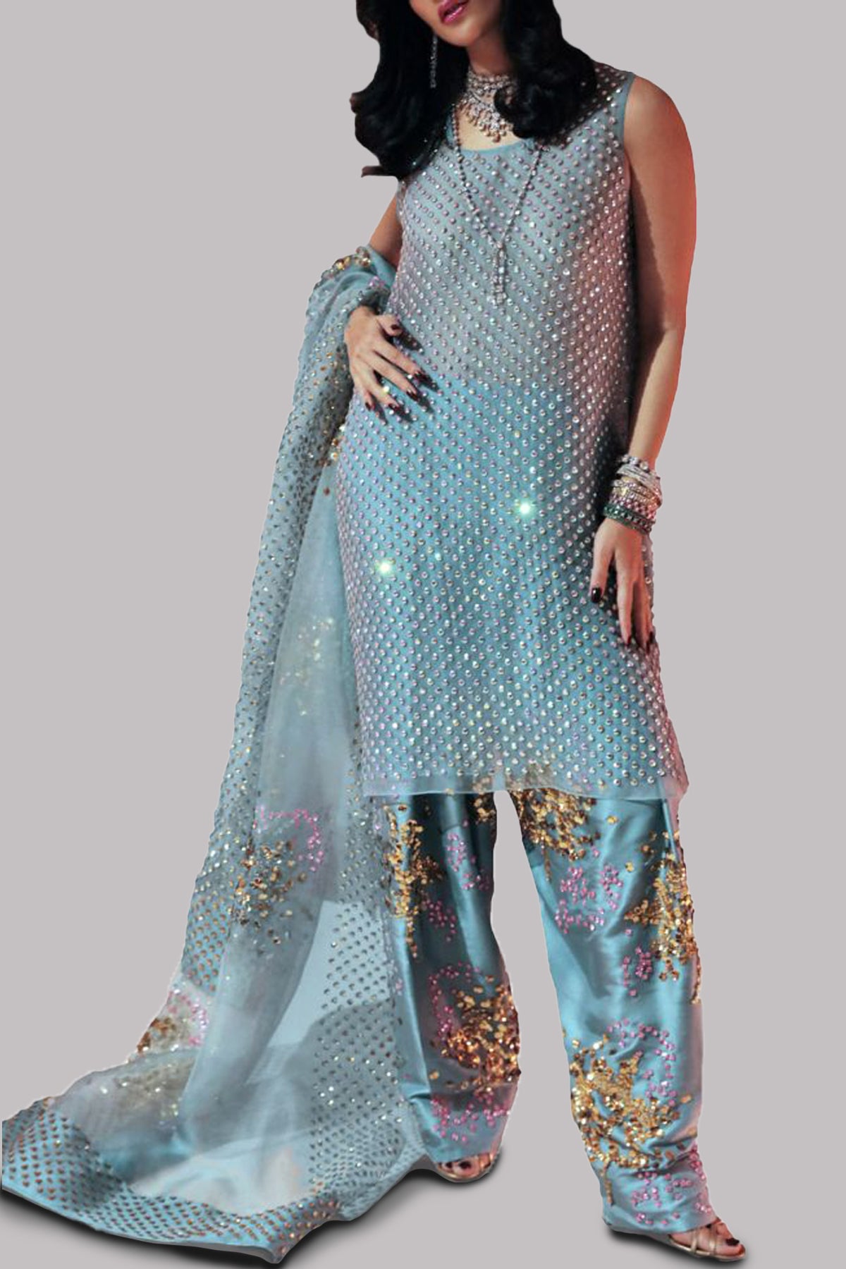 Aqua Embellished Organza Set