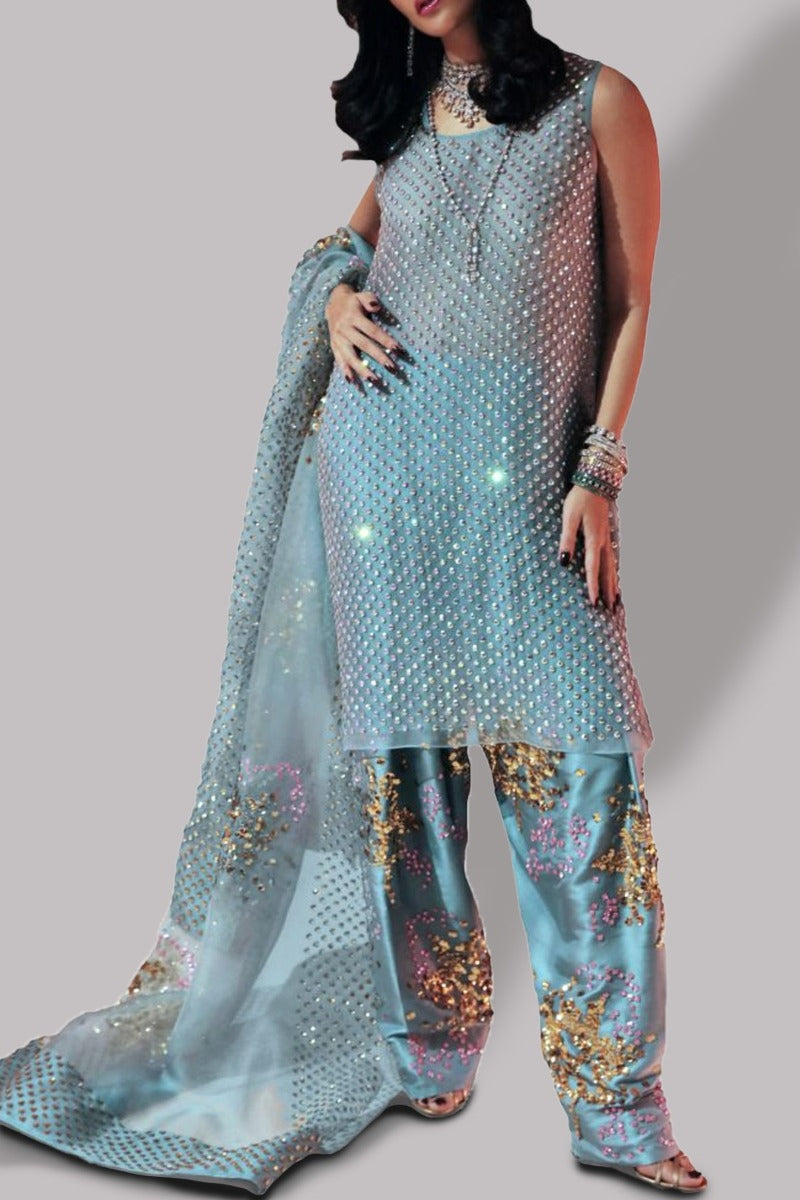 Aqua Embellished Organza Set