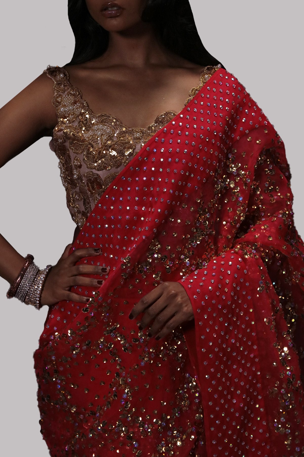 Lollipop Red Embellished Organza Sari
