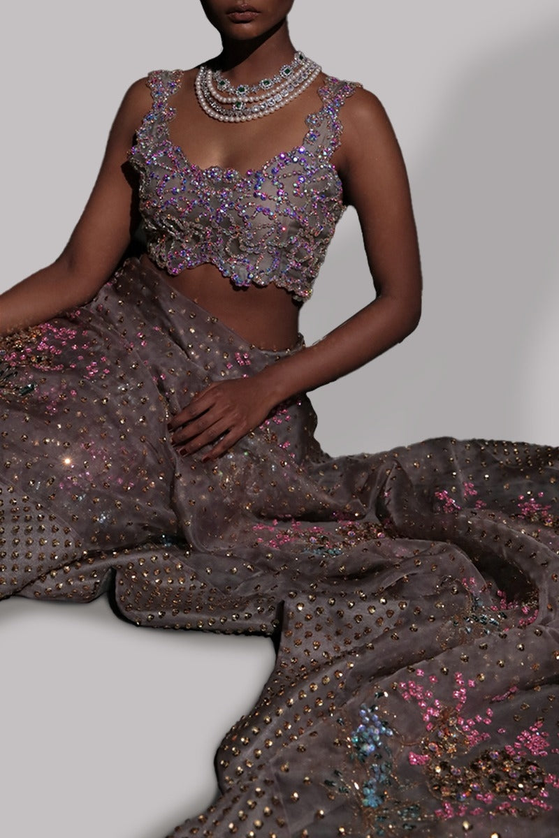 Steeple Gray Embellished Organza Sari