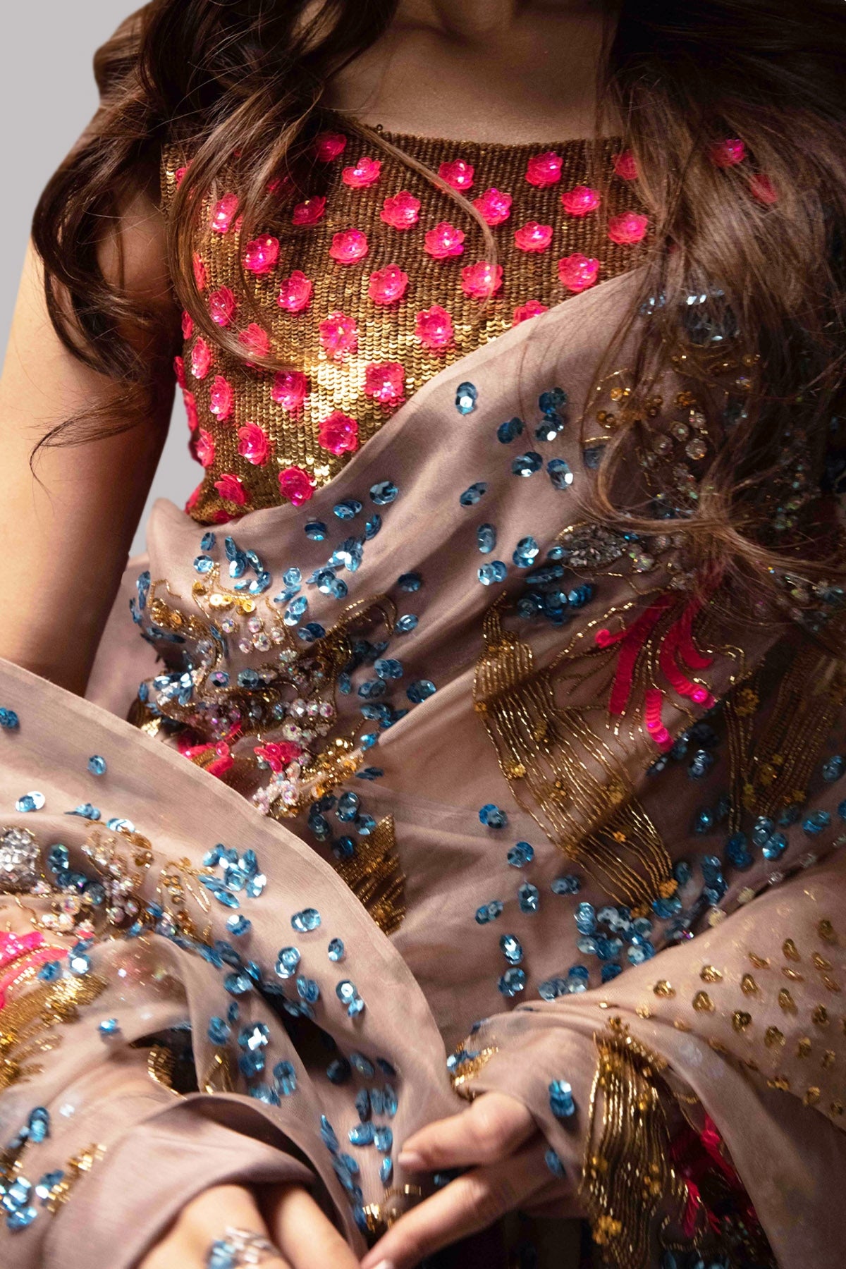 Rugby Tan Embellished Organza Sari