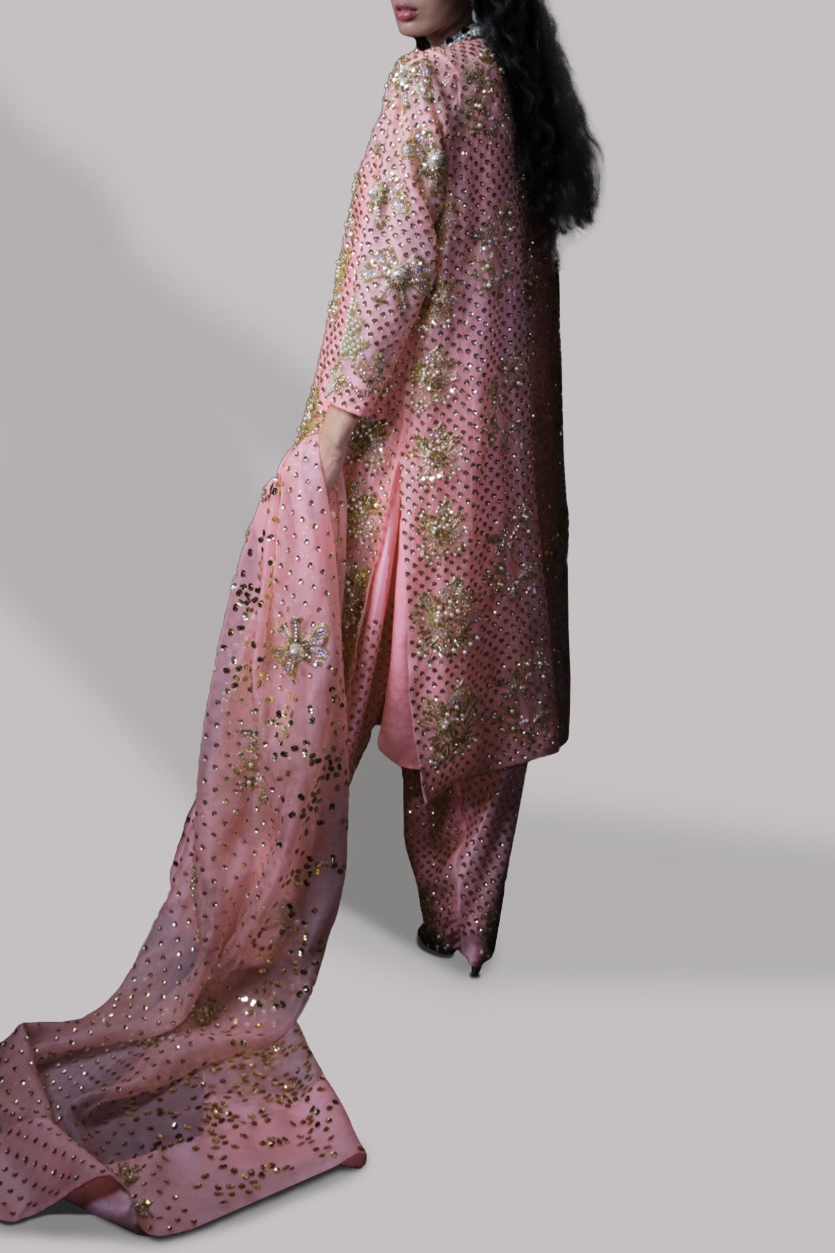 Coral Pink Organza Embellished Set