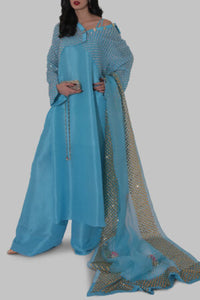 Blue Topaz Embellished Raw Silk Set