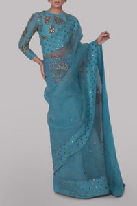 Blue Topaz Embellished Organza Sari