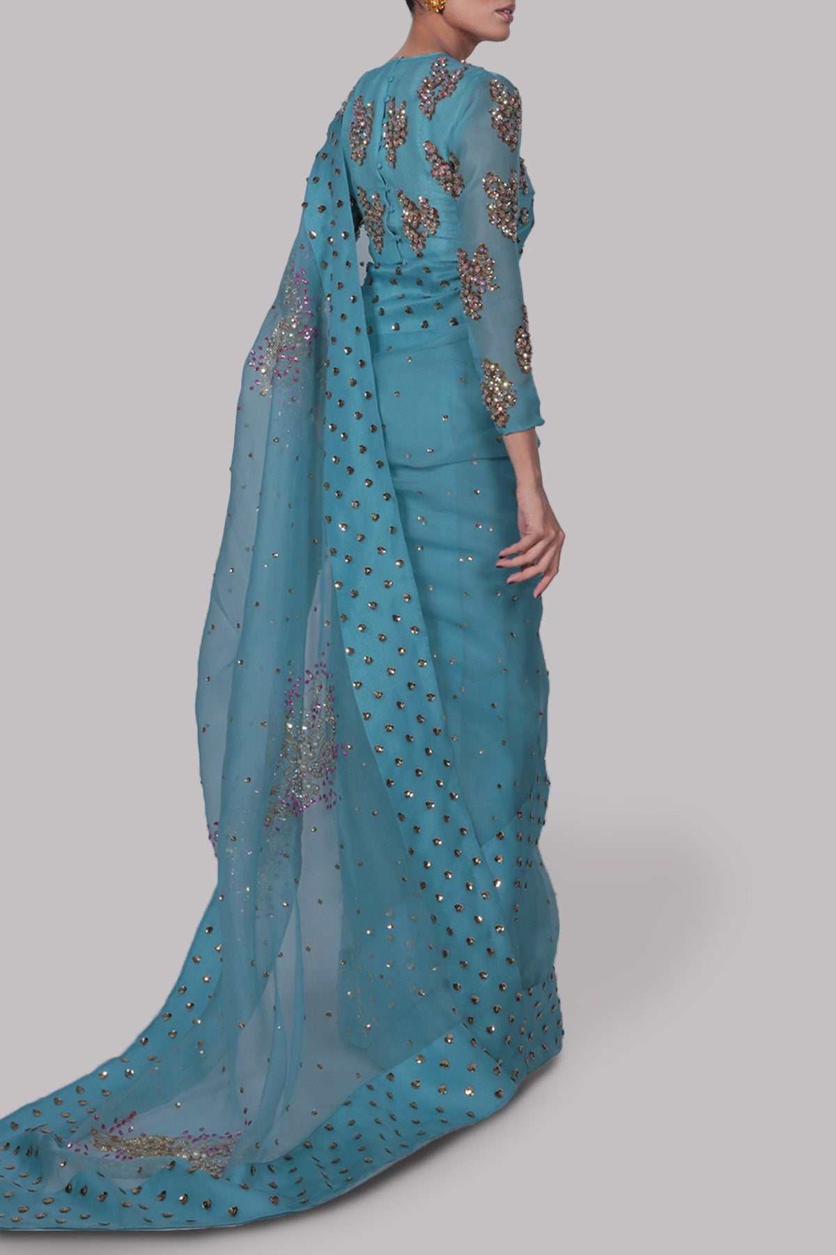 Blue Topaz Embellished Organza Sari