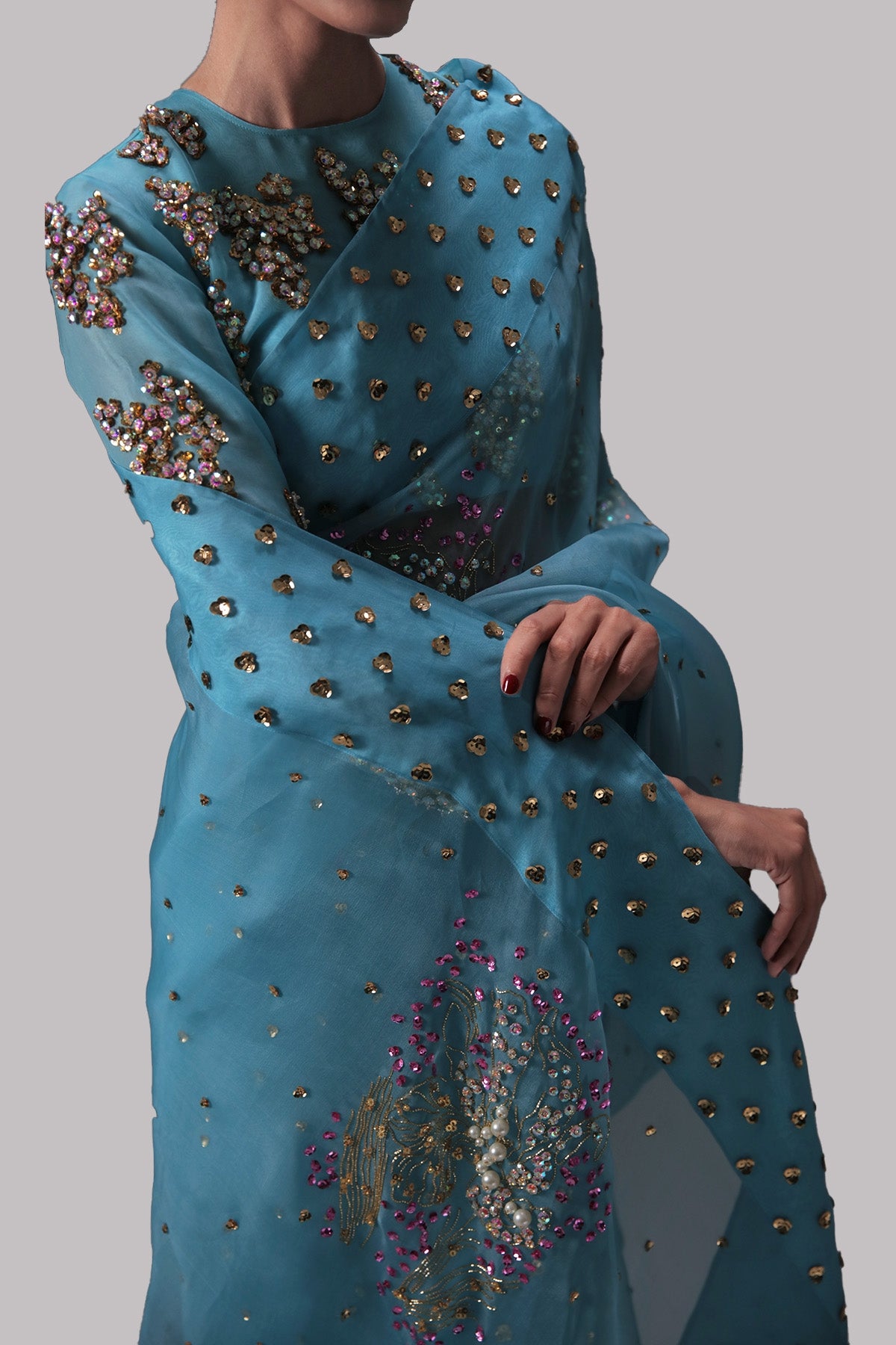 Blue Topaz Embellished Organza Sari