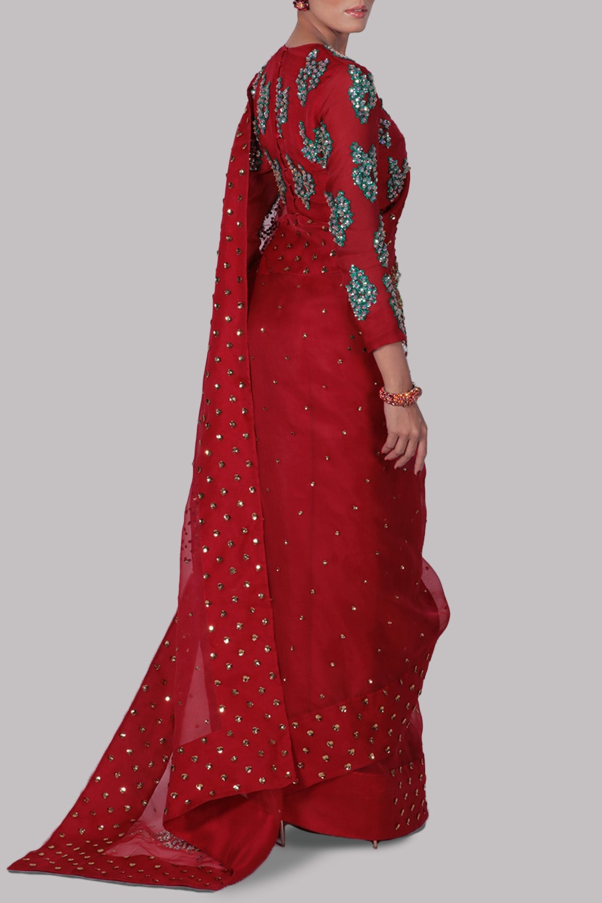 Tango Red Embellished Organza Sari