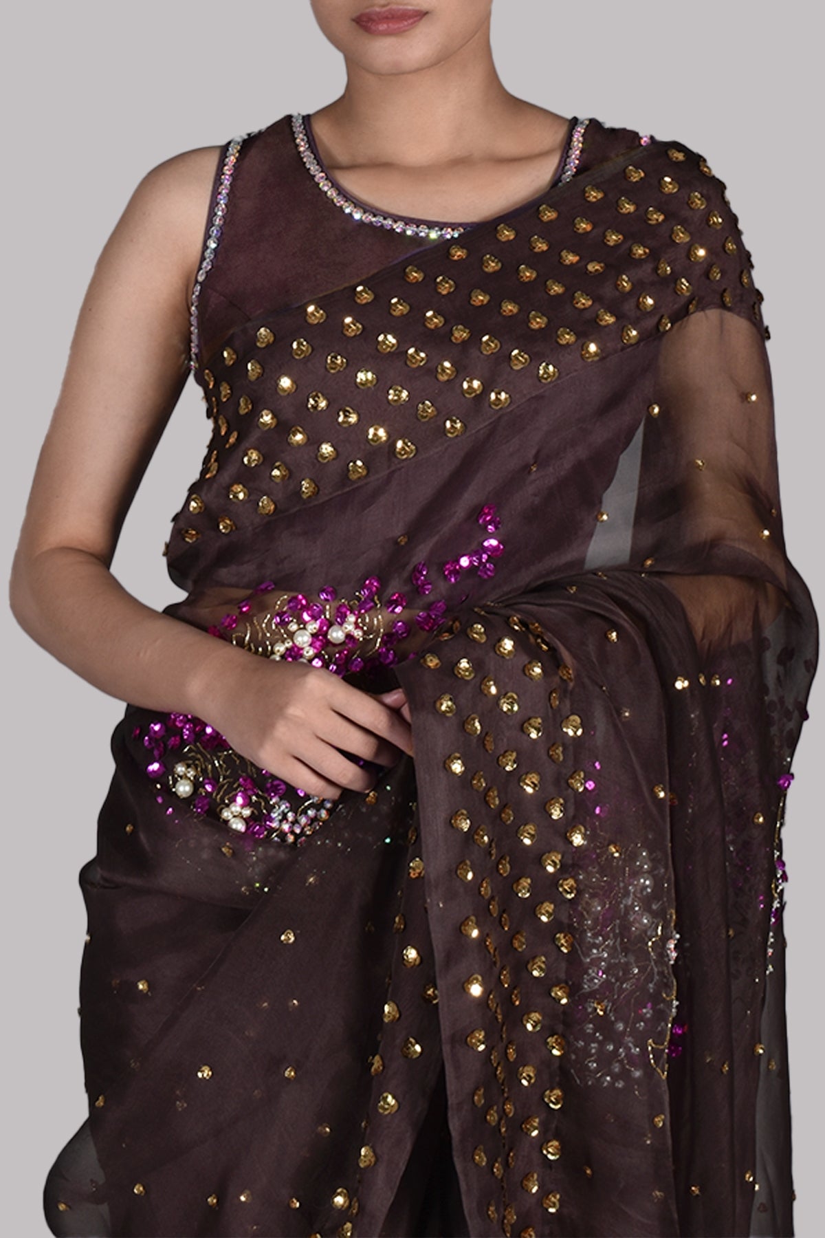 French Roast Embellished Organza Sari
