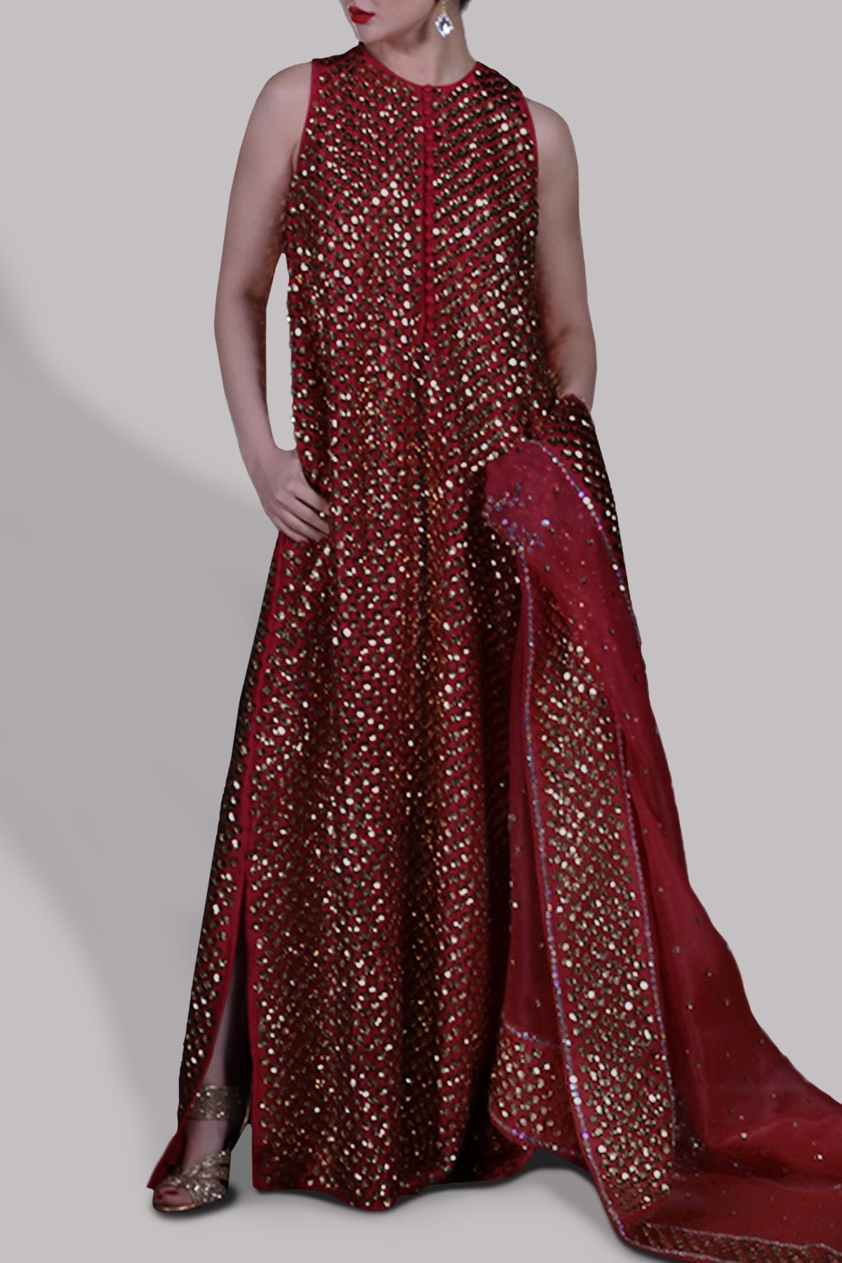 Red Bud Embellished Raw Silk Maxi