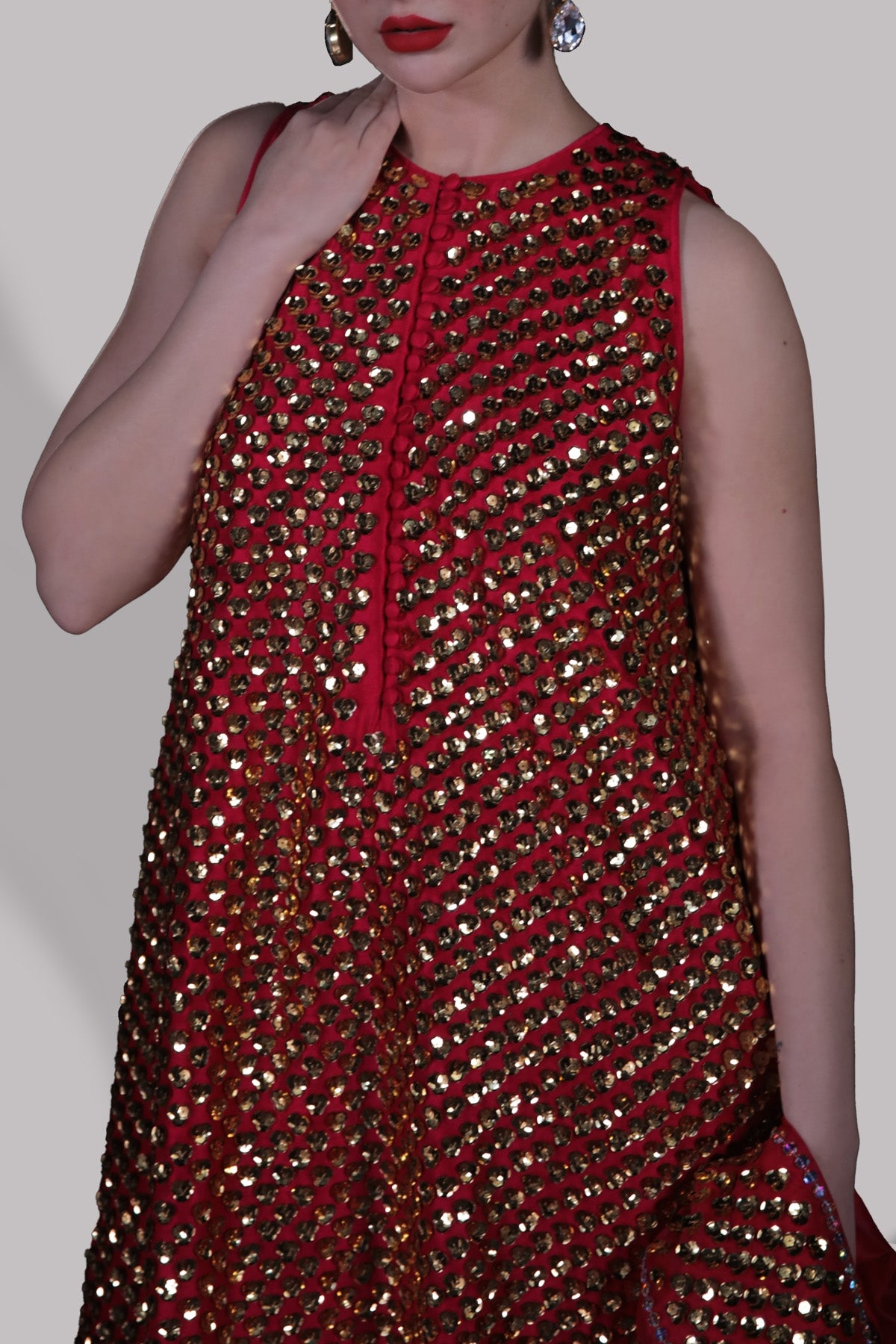 Red Bud Embellished Raw Silk Maxi