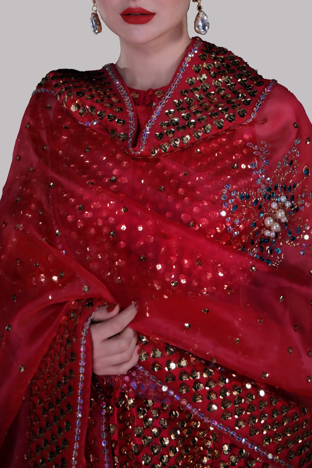 Red Bud Embellished Raw Silk Maxi