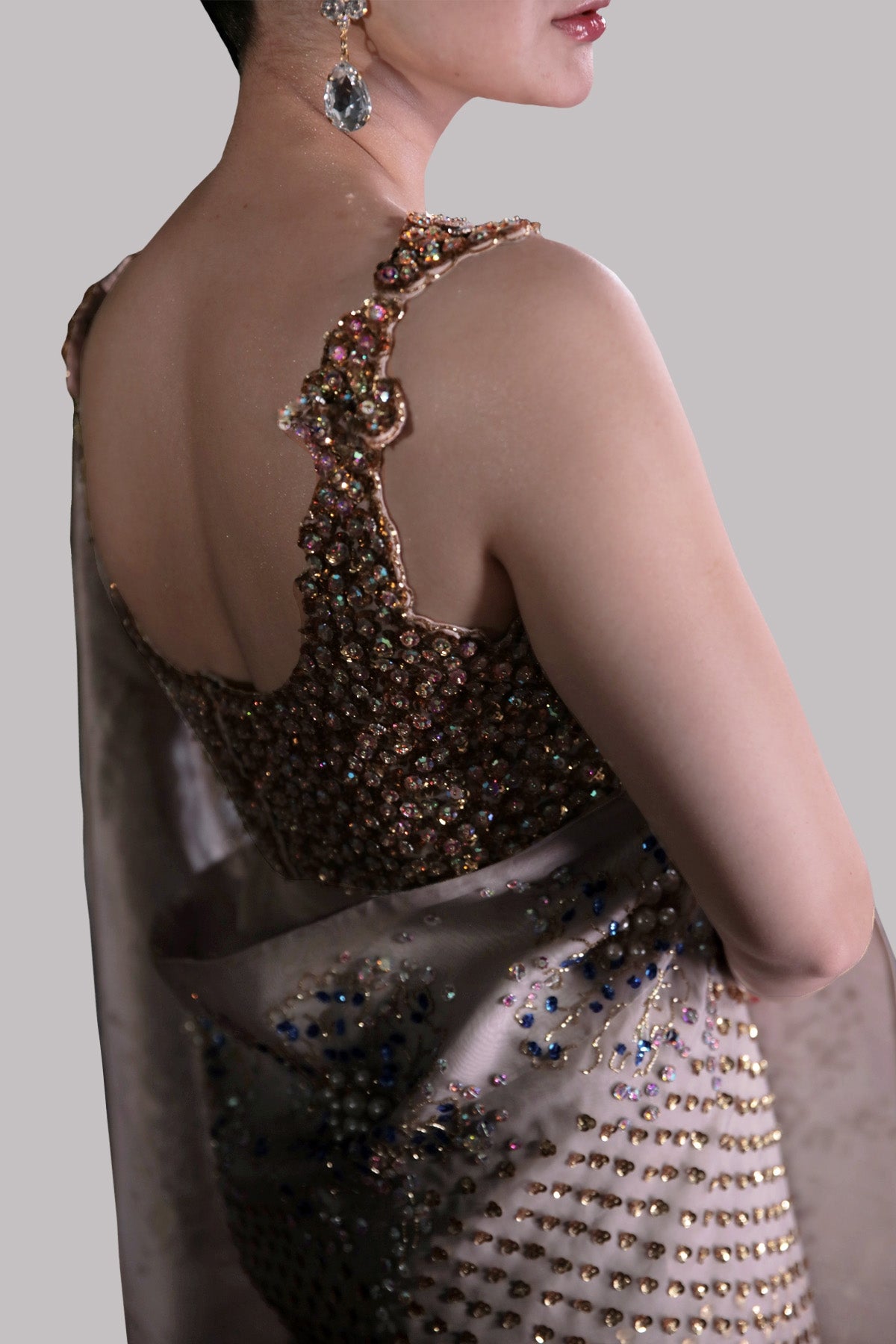 Silver Gray Embellished Organza Sari