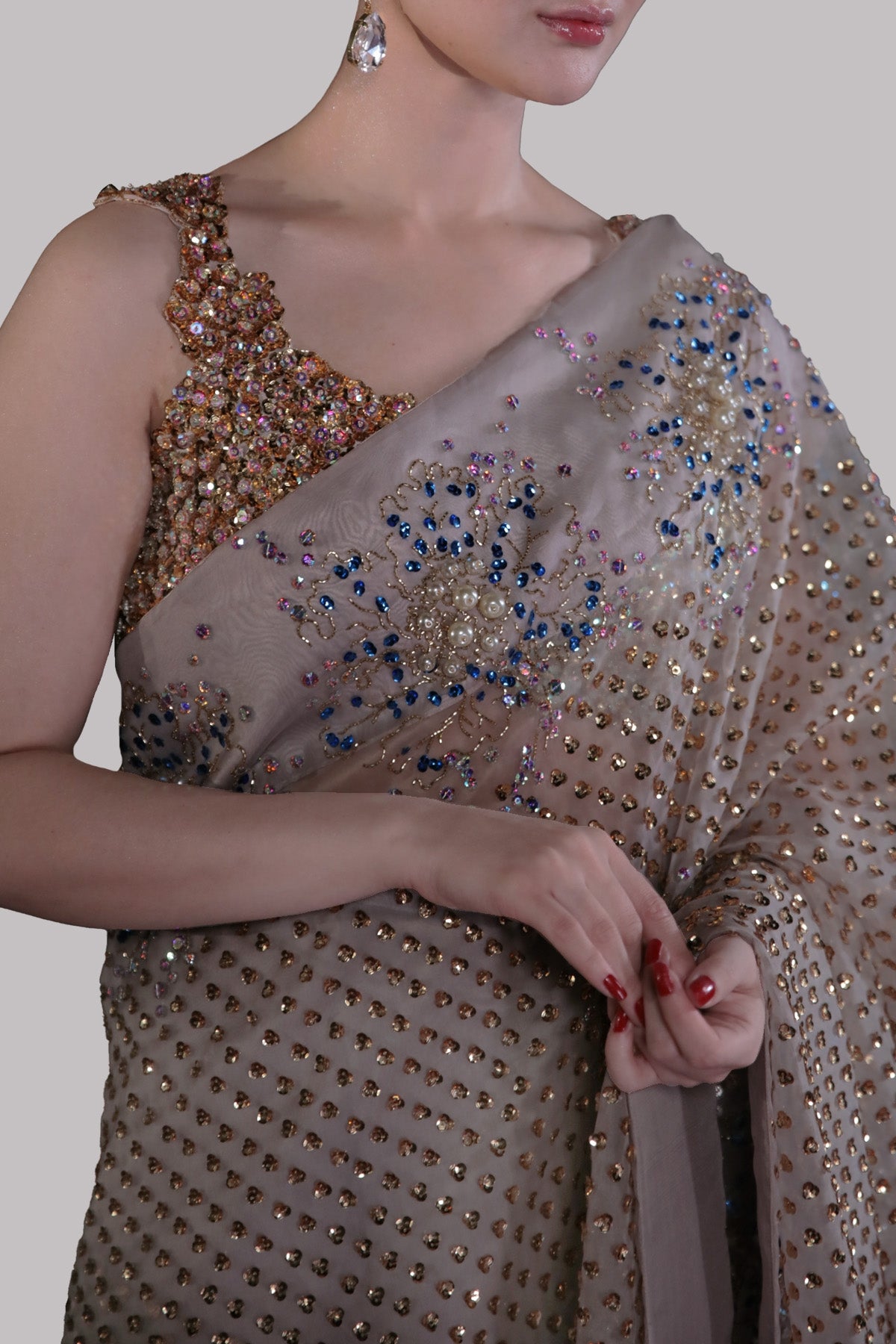 Silver Gray Embellished Organza Sari
