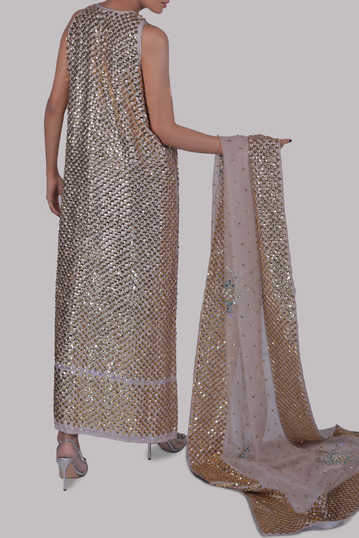 Silver Gray Embellished Raw Silk Maxi Set