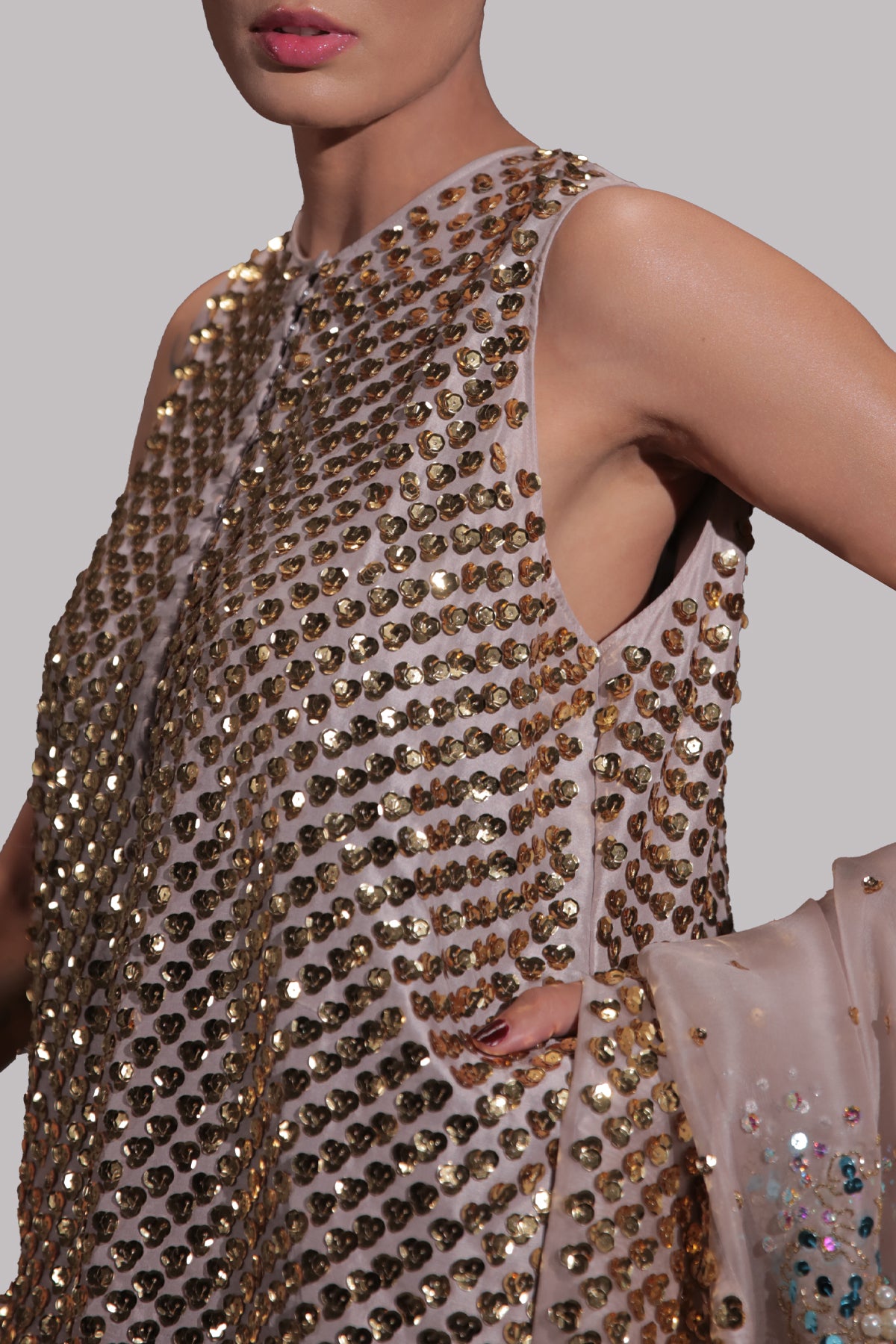Silver Gray Embellished Raw Silk Maxi Set