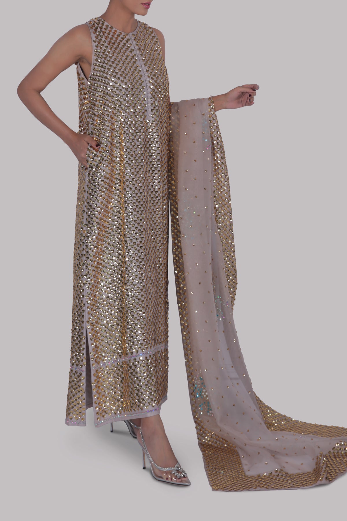 Silver Gray Embellished Raw Silk Maxi Set