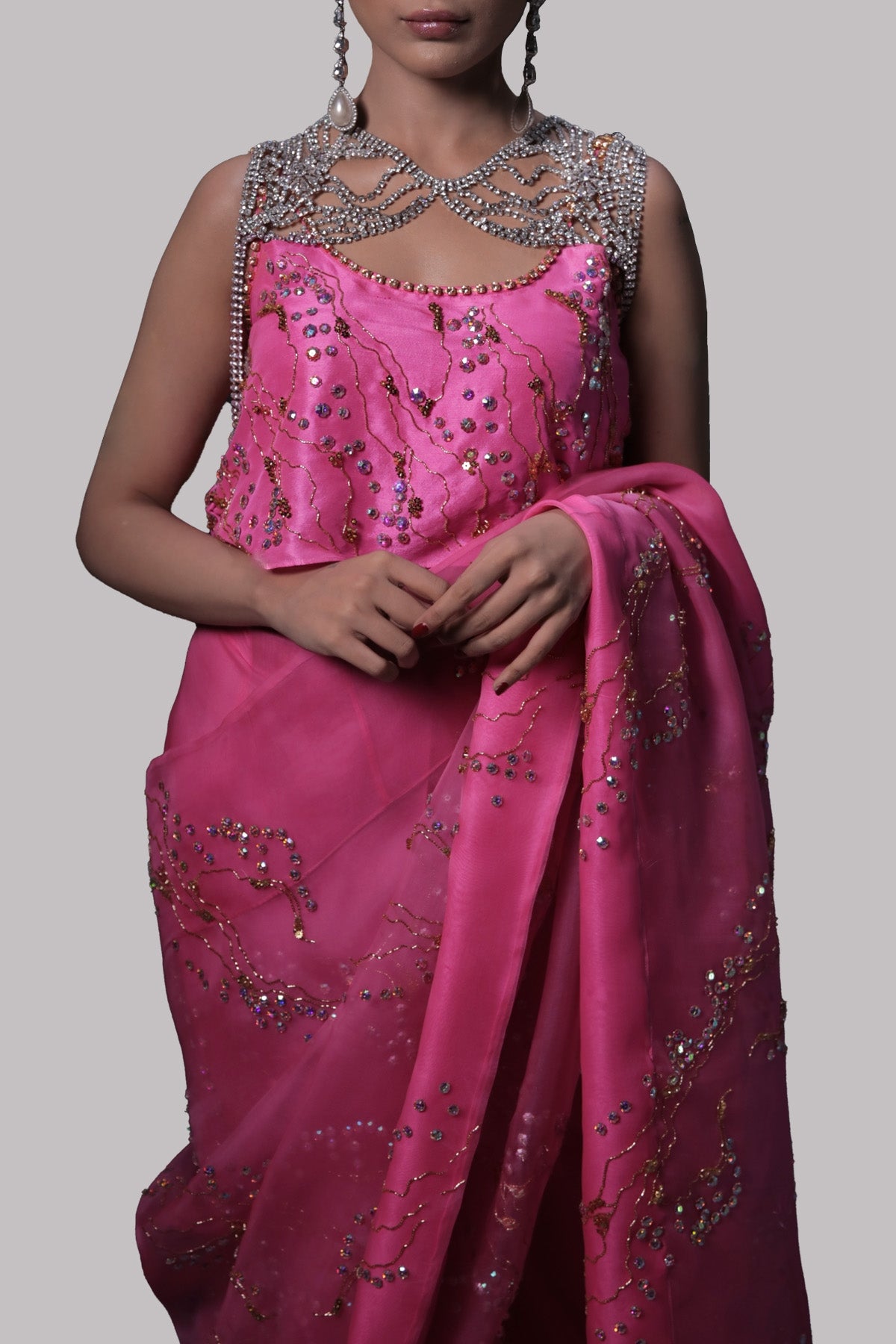 Azalea Pink Embellished Organza Sari