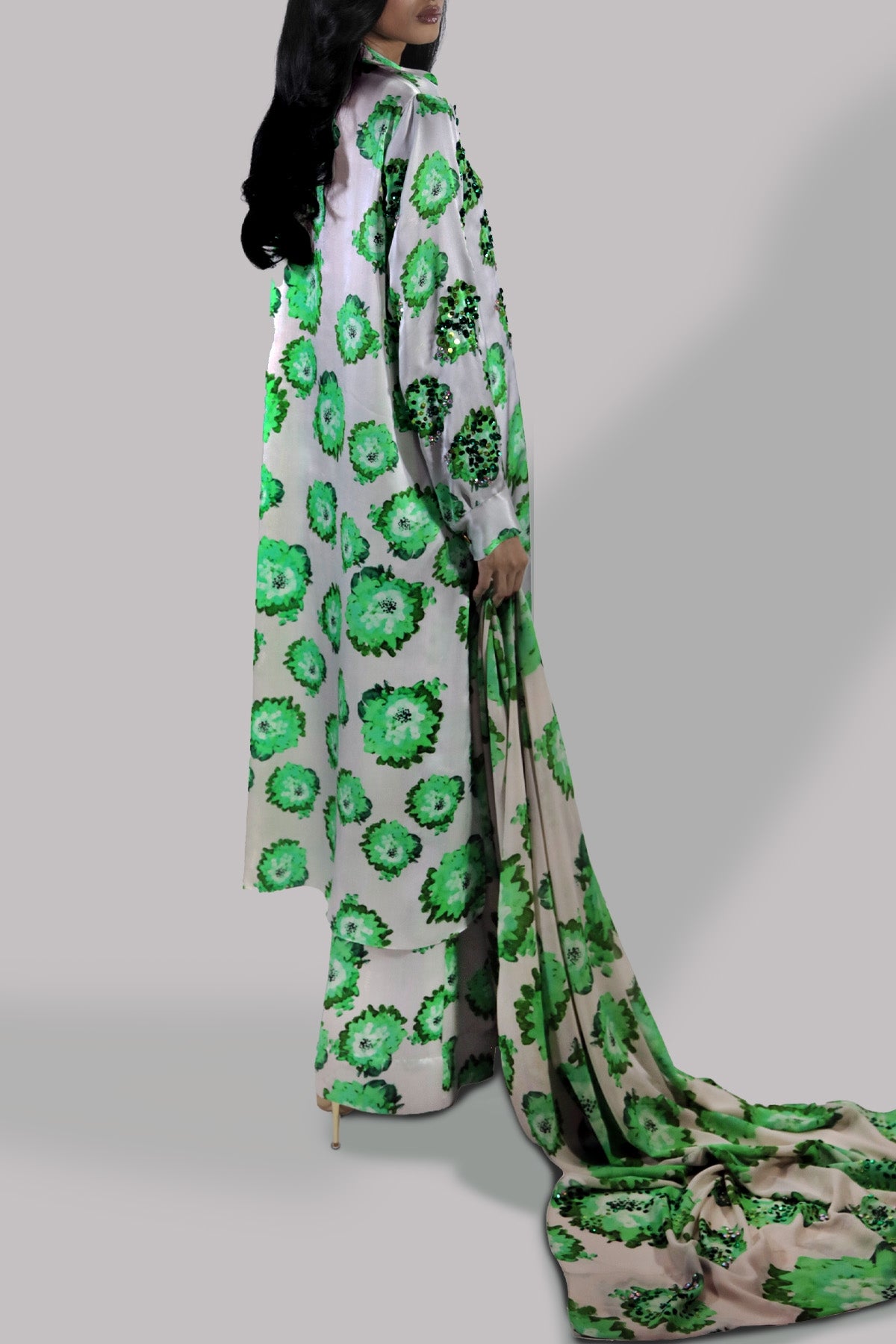 Jadeite and Green Digital Print Embellished Satin Silk Set