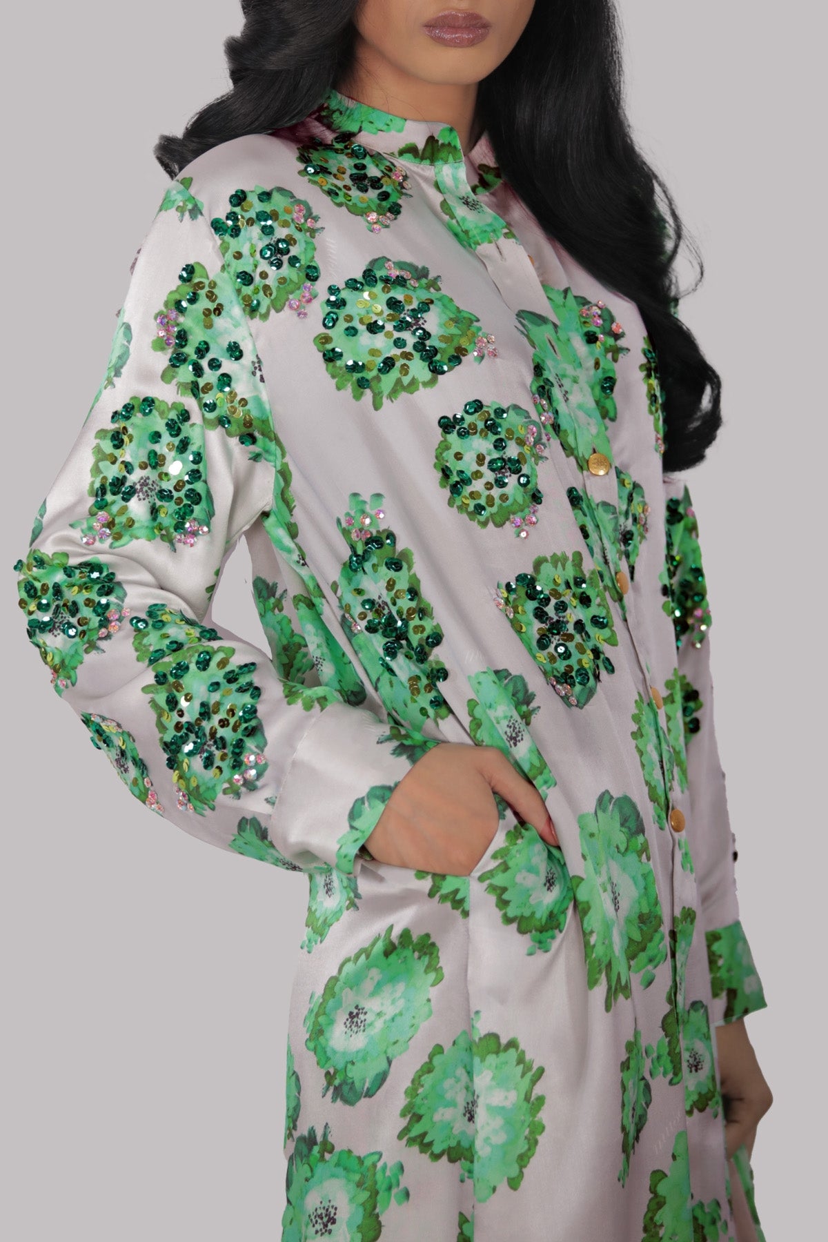 Jadeite and Green Digital Print Embellished Satin Silk Set