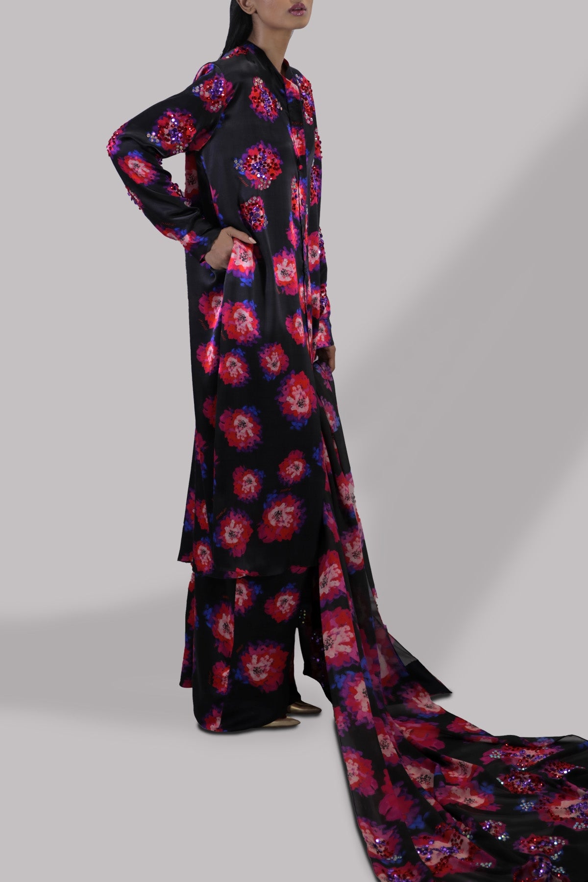Black and Red Digital Print Embellished Satin Silk Set