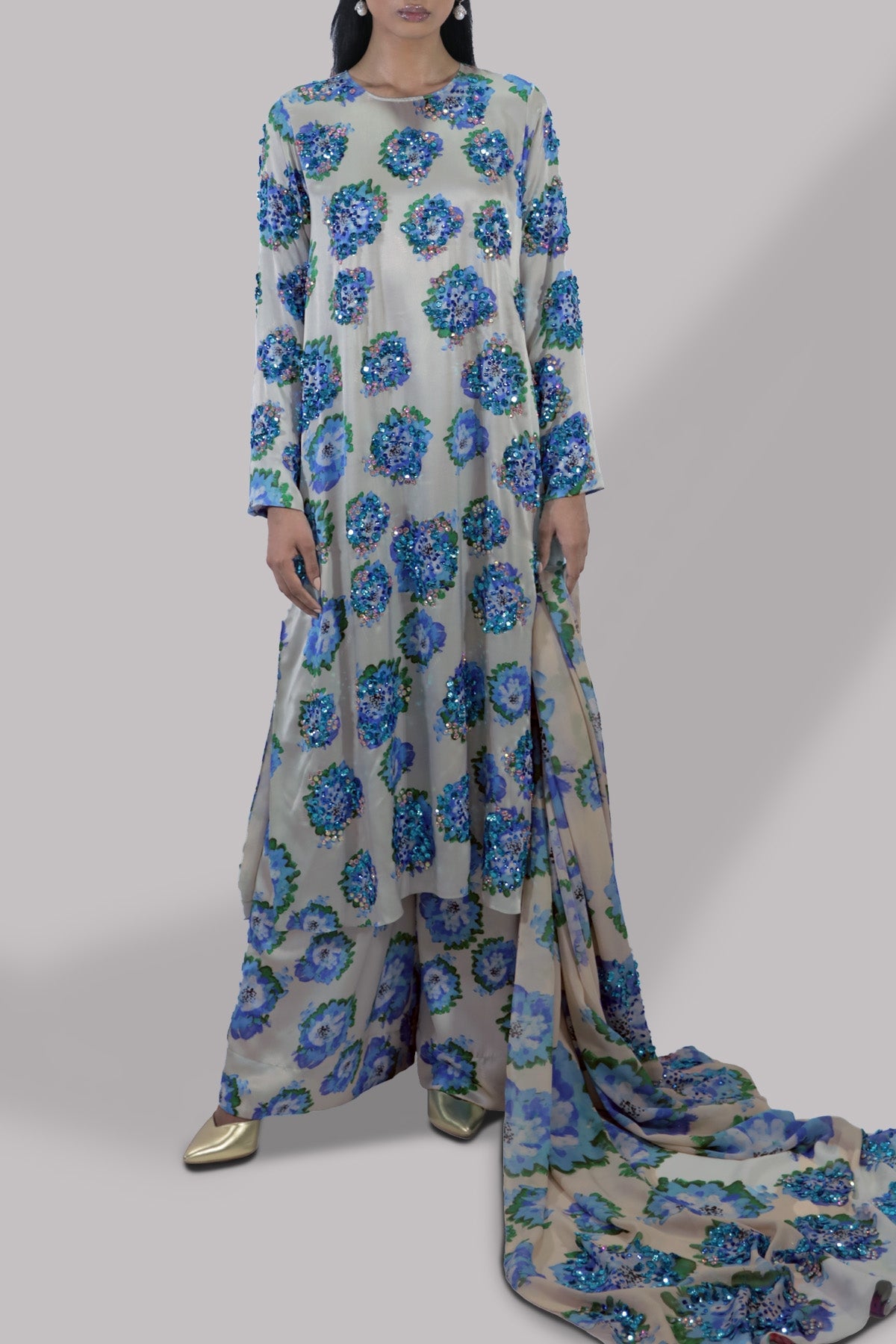 Jadeite &amp; Blue Digital Print Satin Silk Set